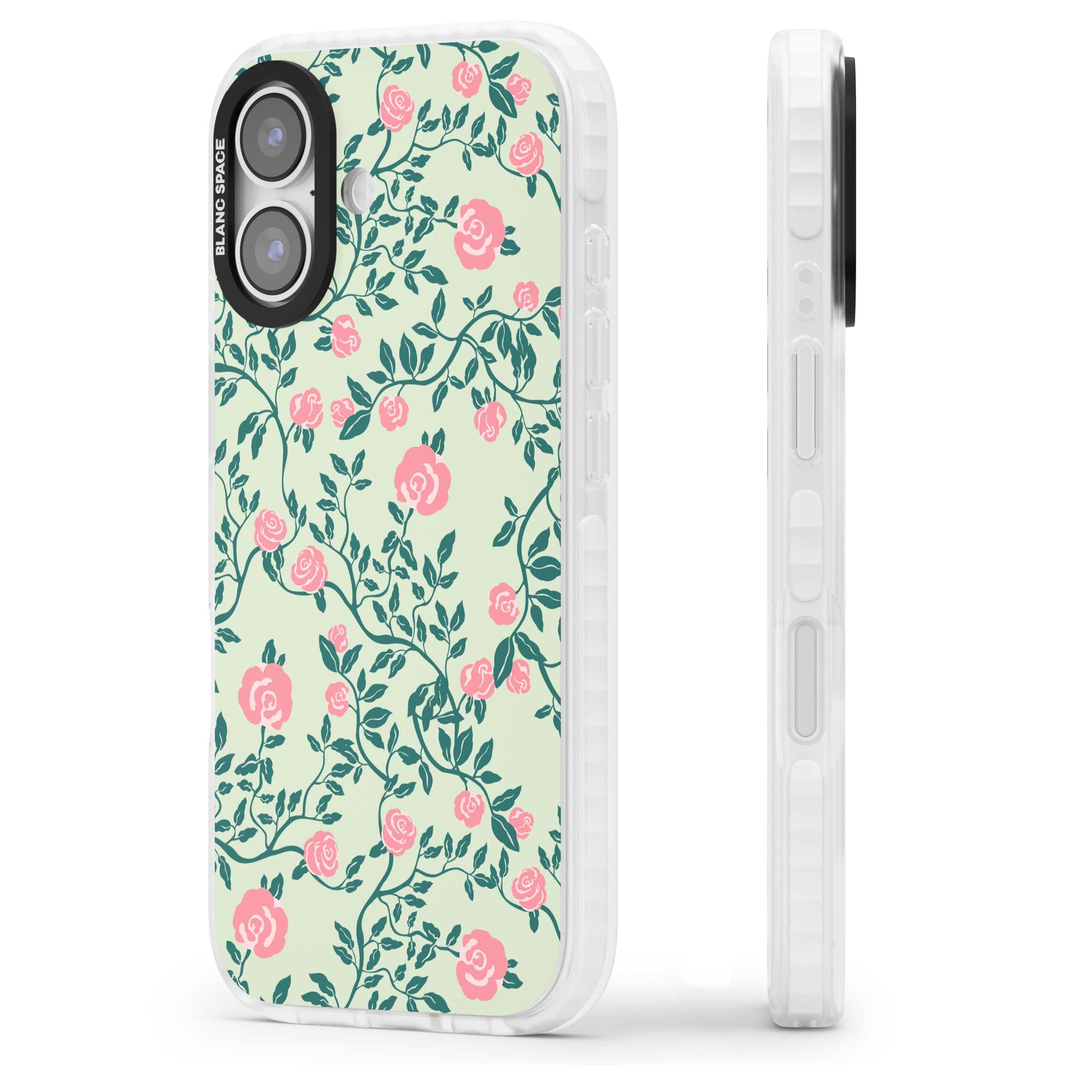 Rose Trellis cottagecore iPhone case featuring pink roses, sage green vines, and mint background | Impact Magsafe case for iPhone 17