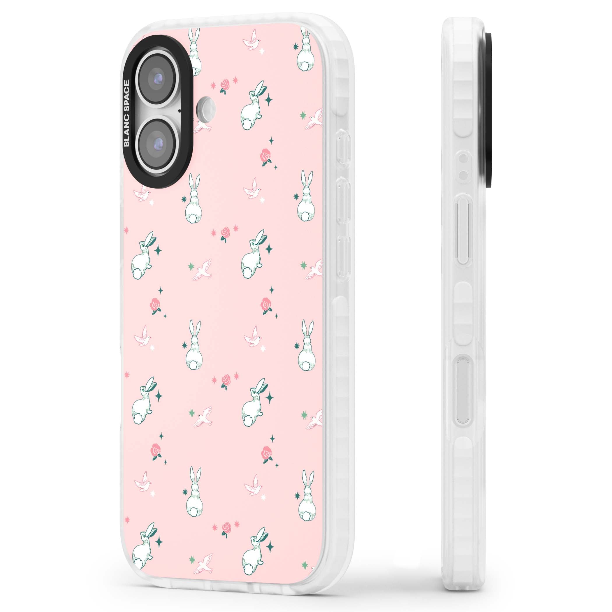 Bunny Garden kawaii iPhone case featuring white rabbits, pink roses, doves and stars on pink background | Impact Magsafe case for iPhone 17