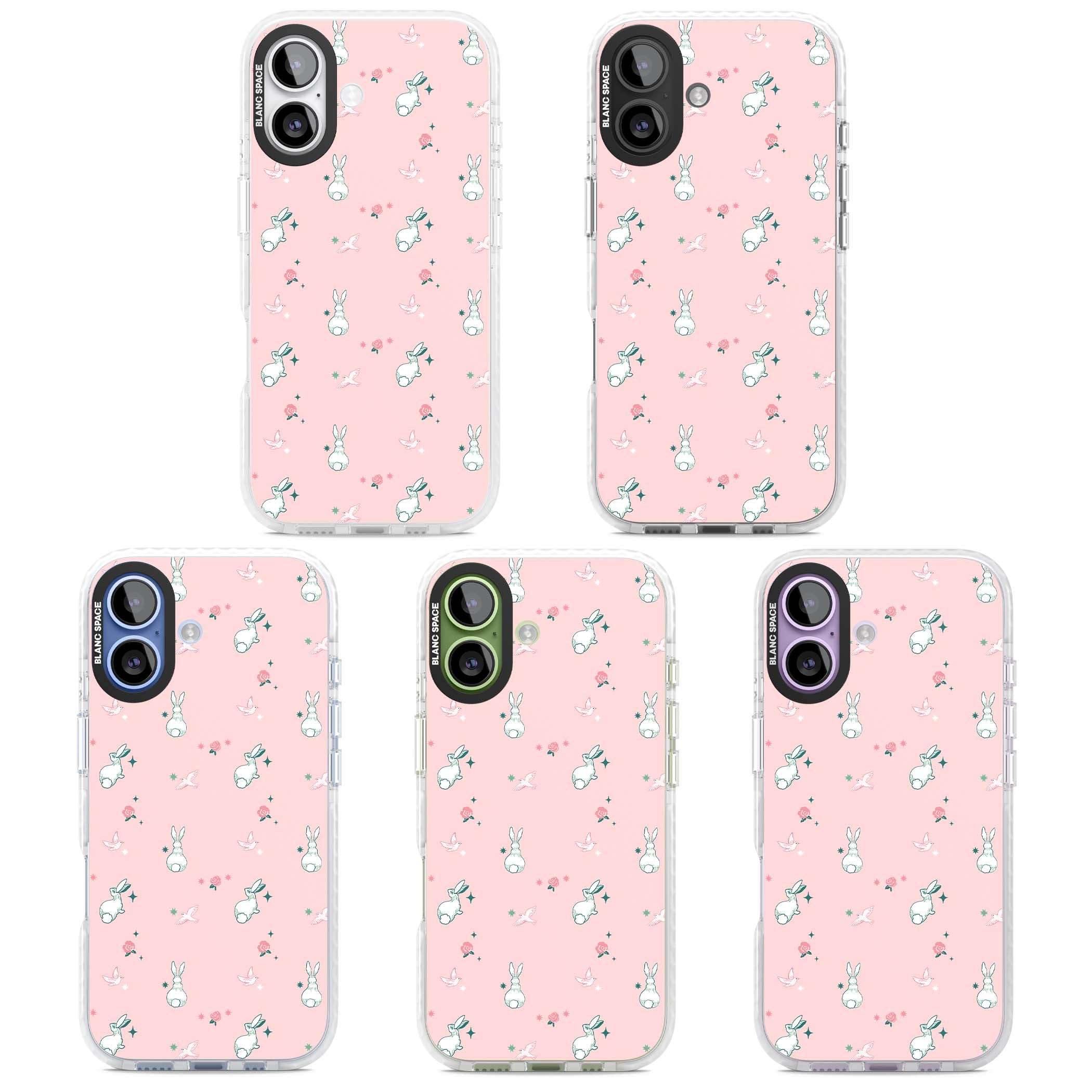 Bunny Garden kawaii iPhone case featuring white rabbits, pink roses, doves and stars on pink background | Impact Magsafe case for iPhone 17