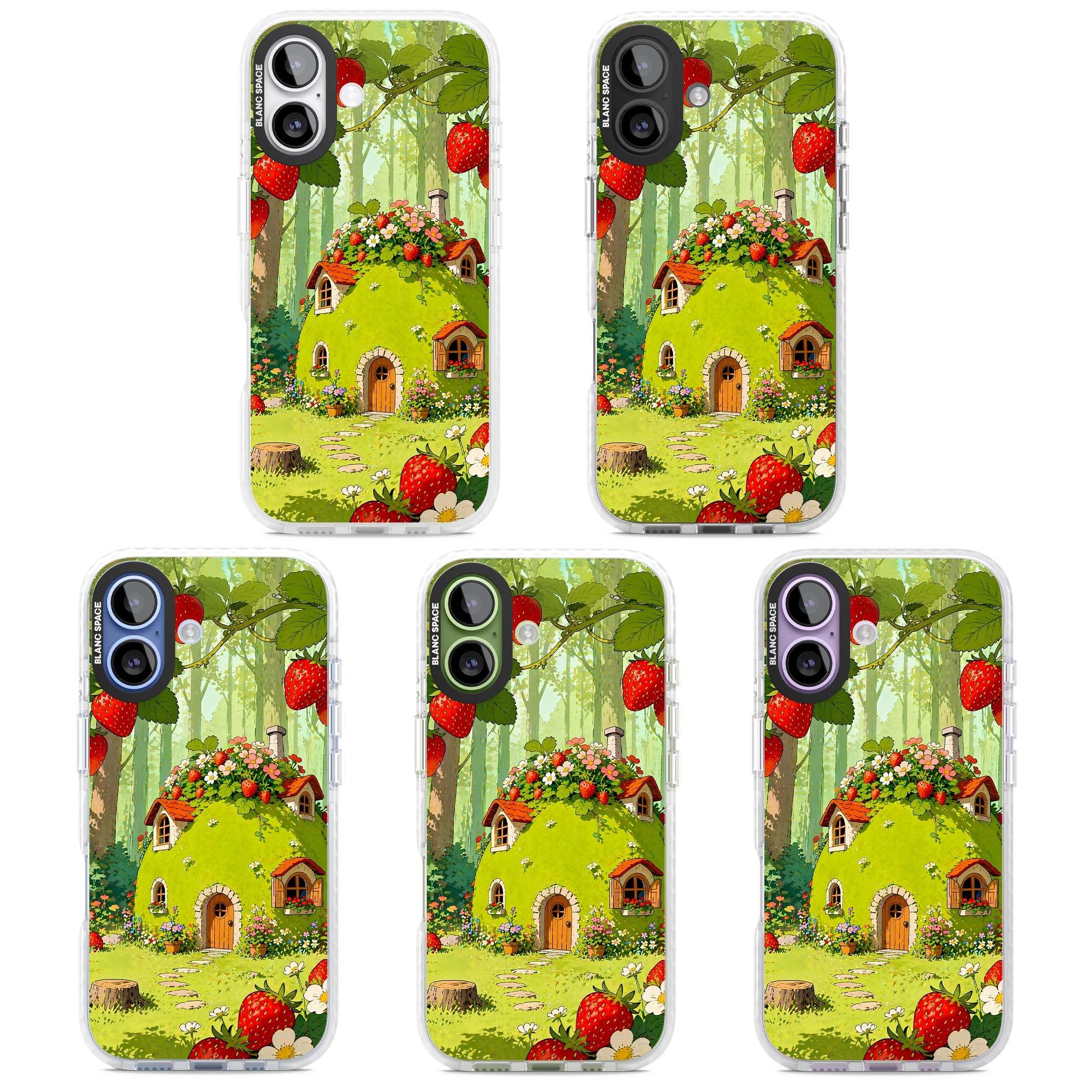 Strawberry Cottage cottagecore iPhone case featuring a green fairy house, wild strawberries and enchanted forest flowers | Impact Magsafe case for iPhone 17