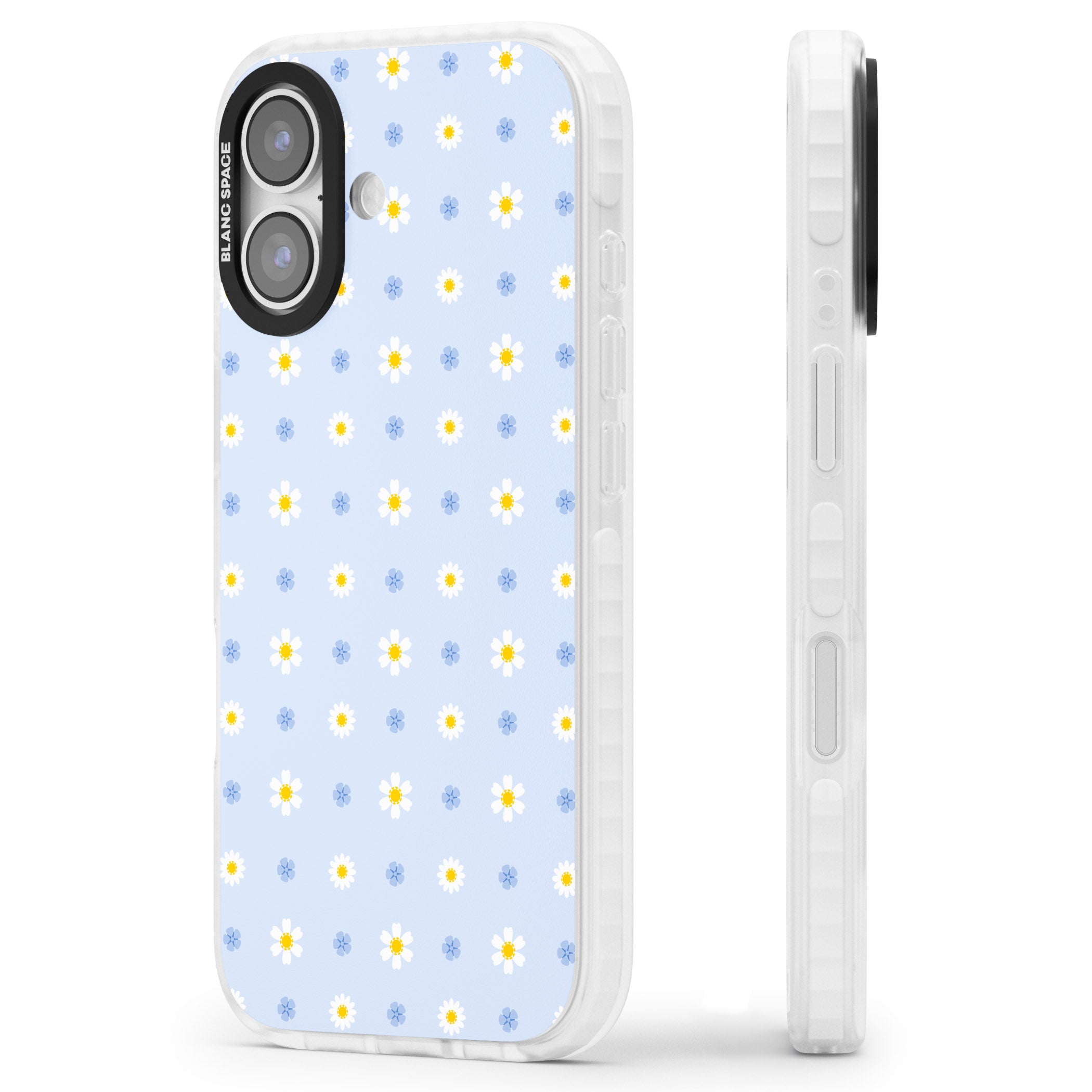 Pale Blue Daisies iPhone 17 Impact Pro Clear Phone Case Side Profile