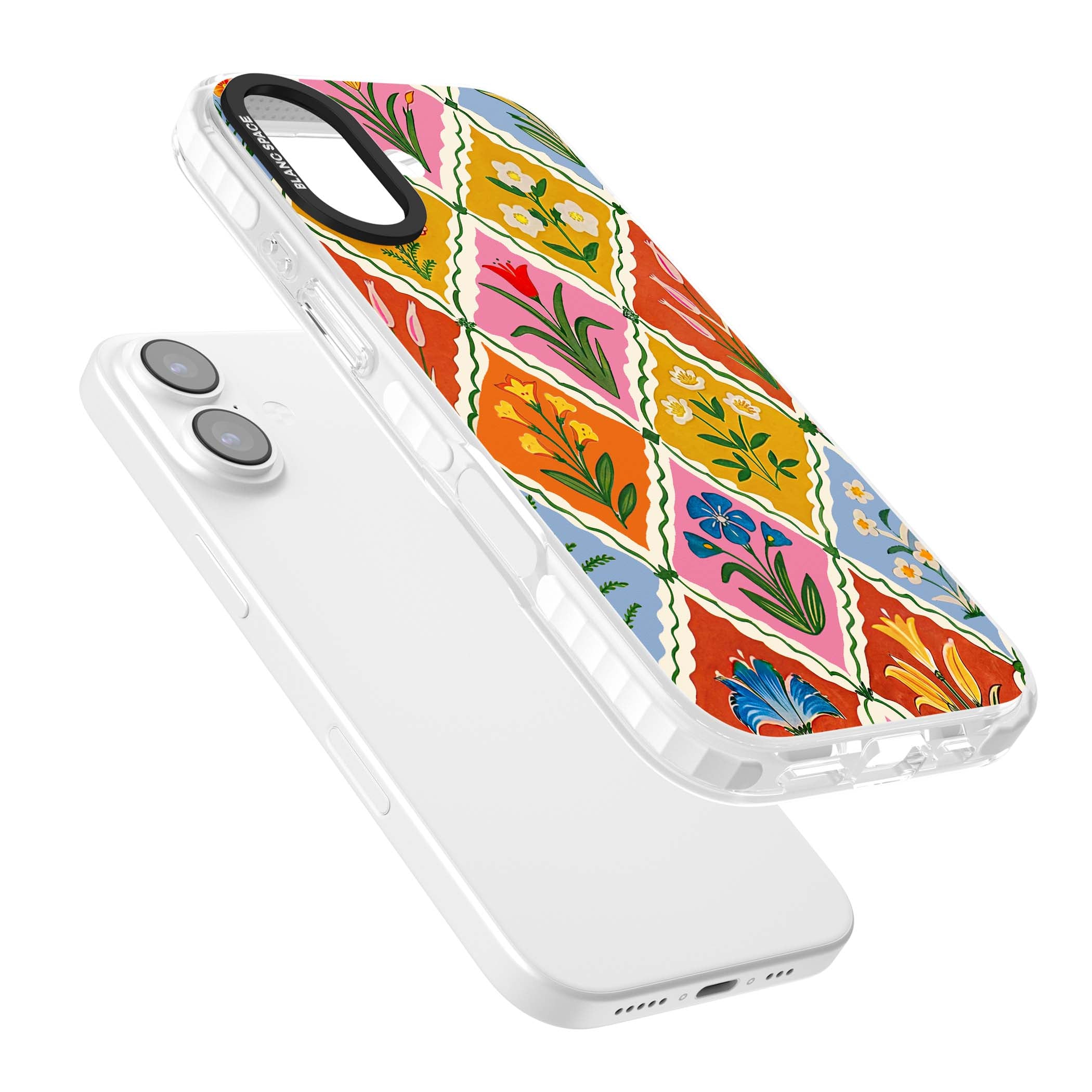 Floral Quilt boho floral iPhone case featuring diamond lattice pattern, hand-painted tulips and folk art wildflowers | Impact Magsafe case for iPhone 17