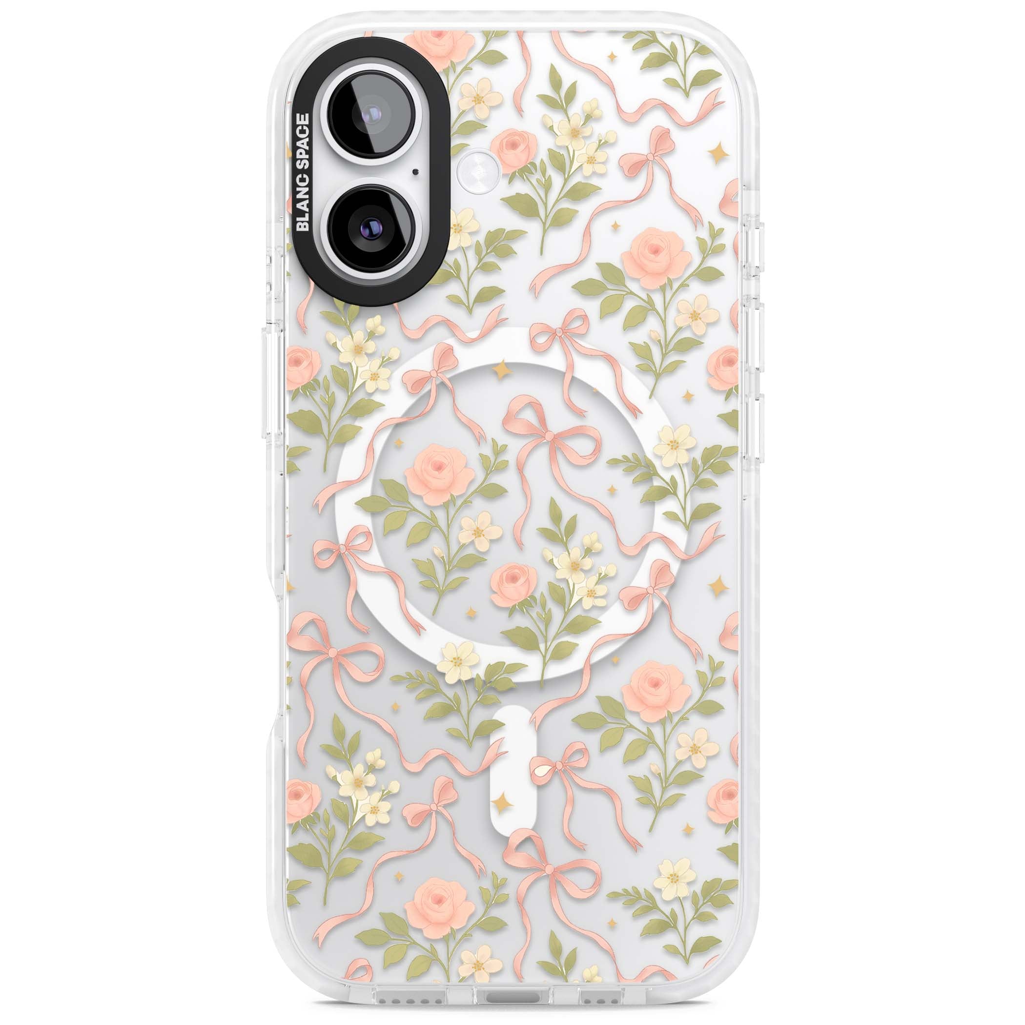 Ribbon Garden coquette iPhone case featuring pink bows, peach roses and wildflowers on white background | Impact Magsafe case for iPhone 17