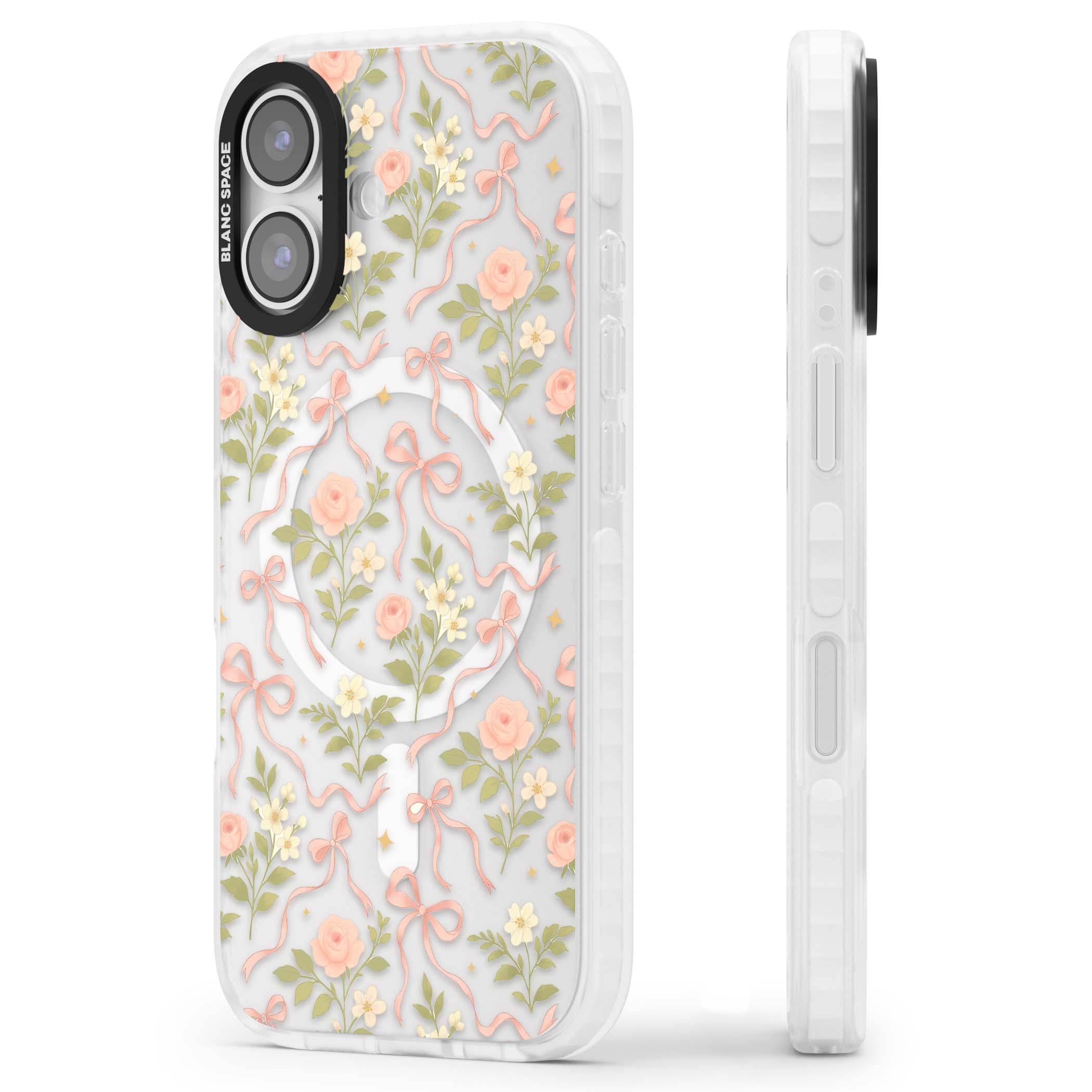 Ribbon Garden coquette iPhone case featuring pink bows, peach roses and wildflowers on white background | Impact Magsafe case for iPhone 17