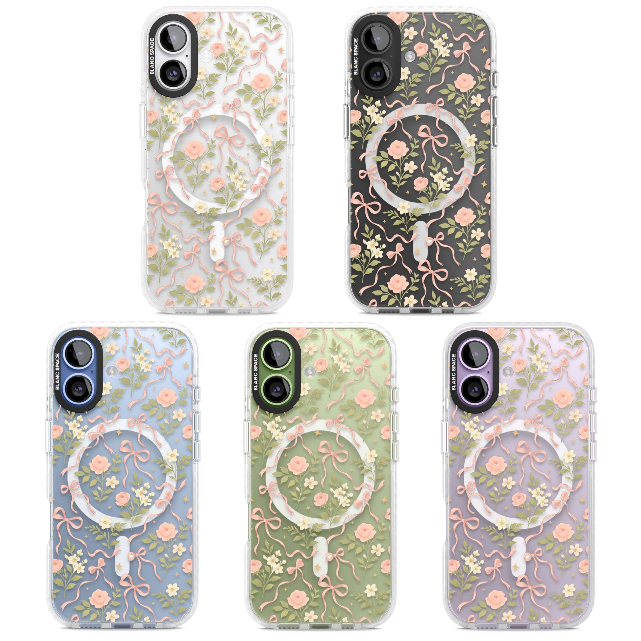 Ribbon Garden coquette iPhone case featuring pink bows, peach roses and wildflowers on white background | Impact Magsafe case for iPhone 17