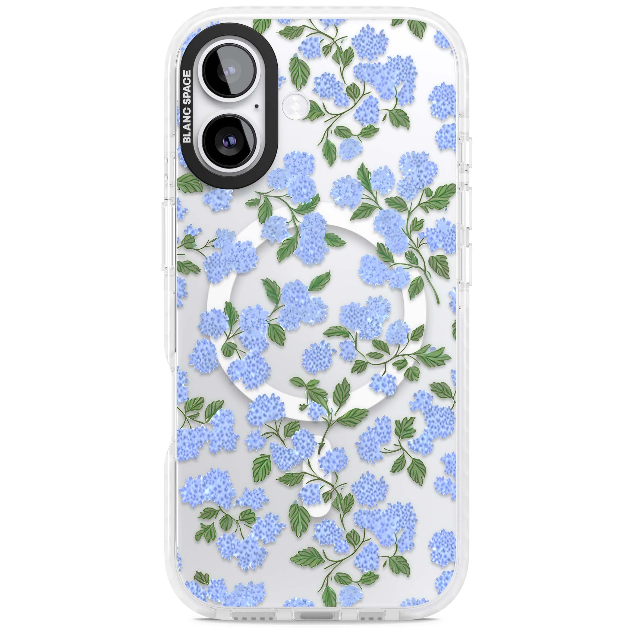 Hydrangea Dreams cottagecore iPhone case featuring soft blue hydrangea flower clusters and green leaves | Impact Magsafe case for iPhone 17