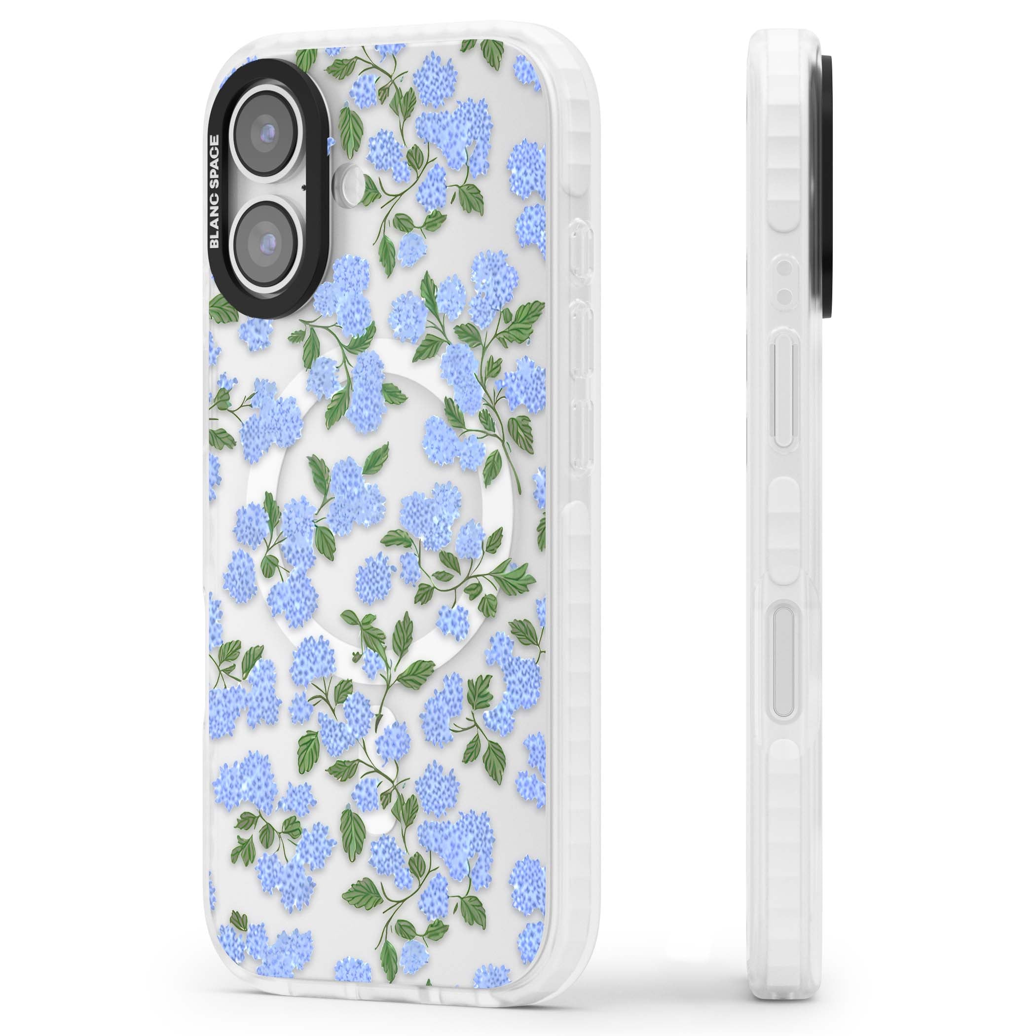 Hydrangea Dreams cottagecore iPhone case featuring soft blue hydrangea flower clusters and green leaves | Impact Magsafe case for iPhone 17