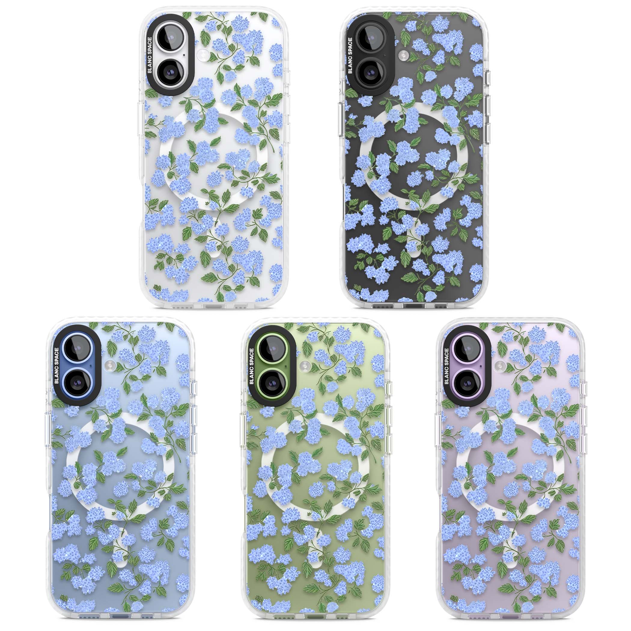 Hydrangea Dreams cottagecore iPhone case featuring soft blue hydrangea flower clusters and green leaves | Impact Magsafe case for iPhone 17