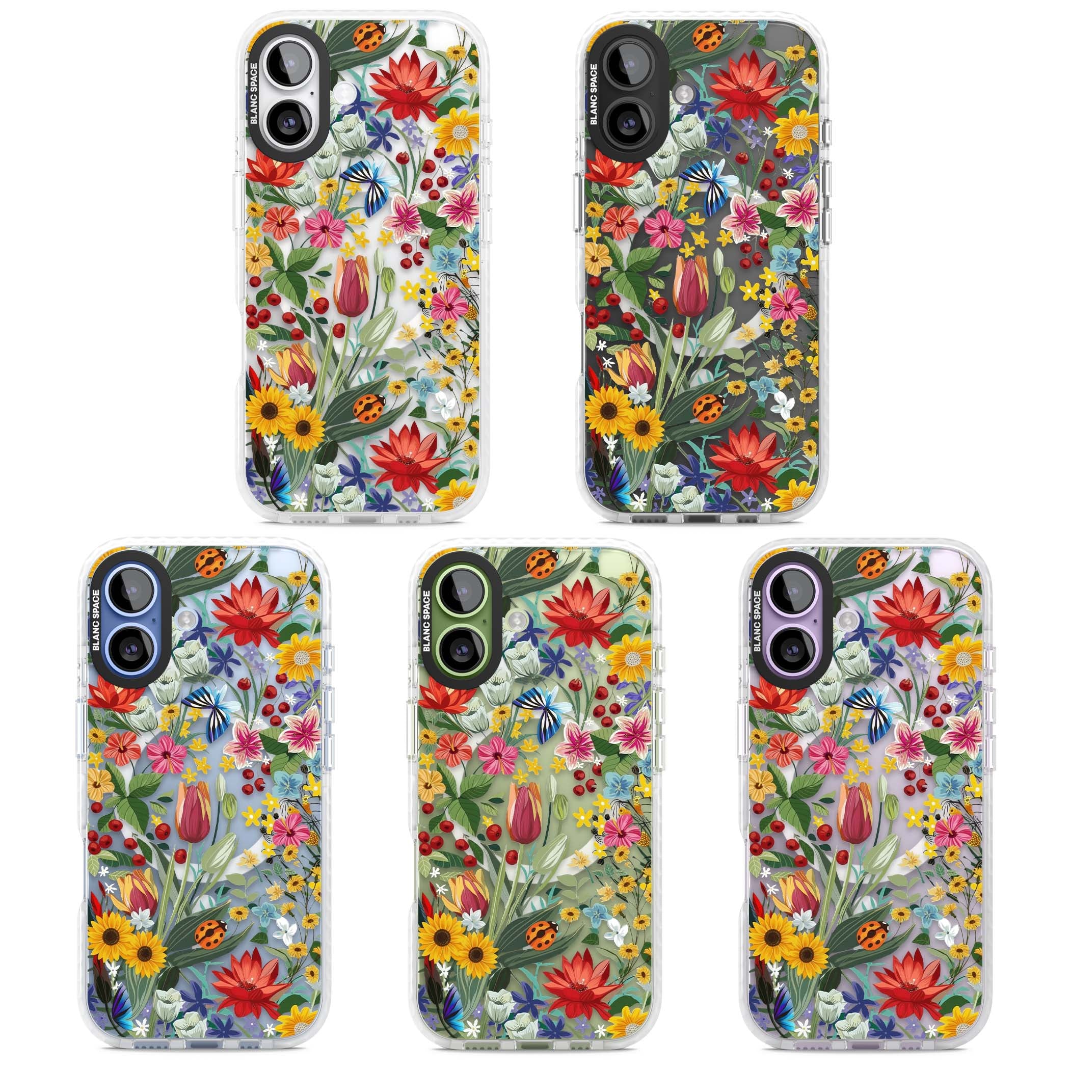 Botanical Bloom cottagecore iPhone case featuring colorful wildflowers, sunflowers, and ladybugs on clear background | Impact Magsafe case for iPhone 17