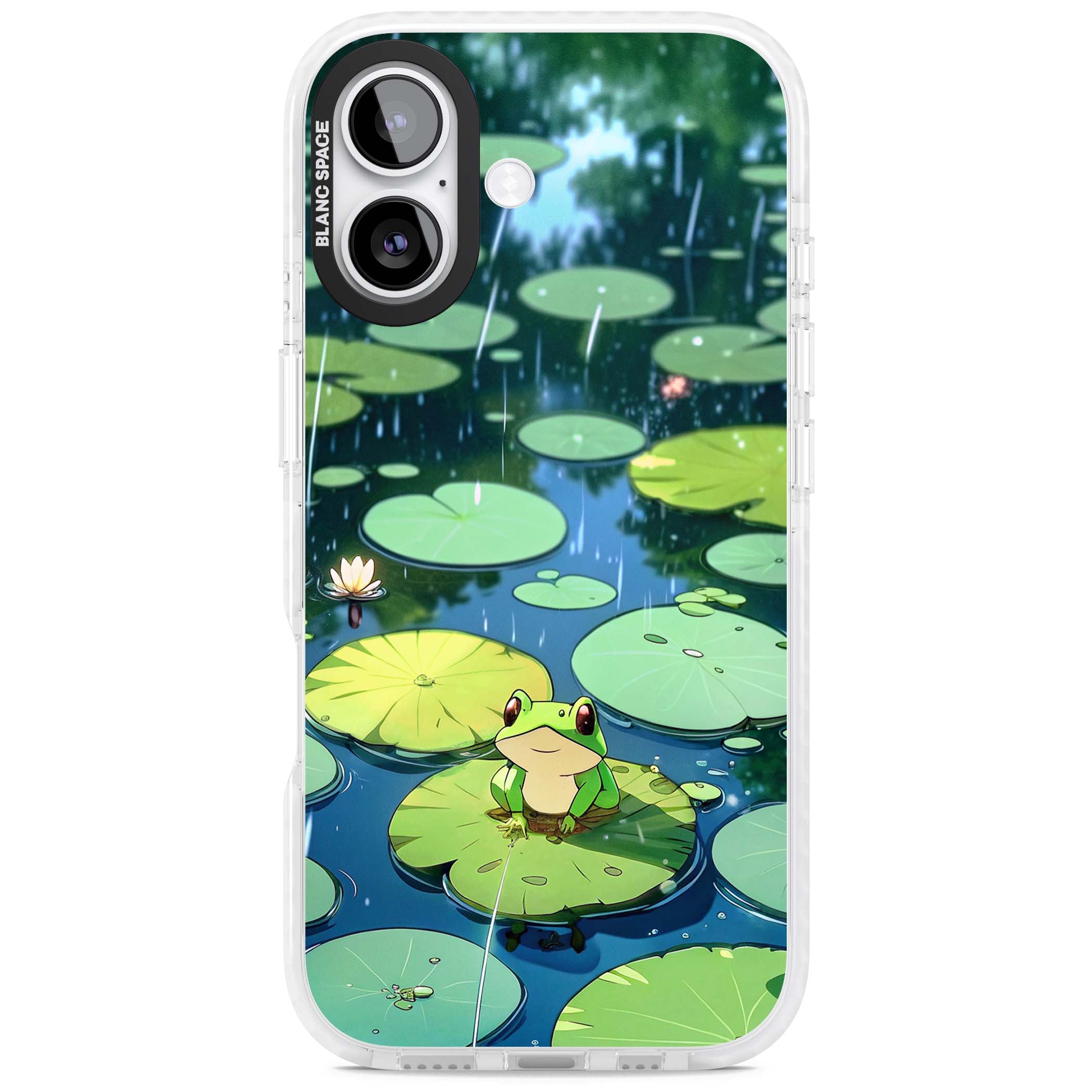 Frog In Lily Pond cottagecore iPhone case featuring a cute green frog on a lily pad with falling rain and a lotus flower | Impact Magsafe case for iPhone 17