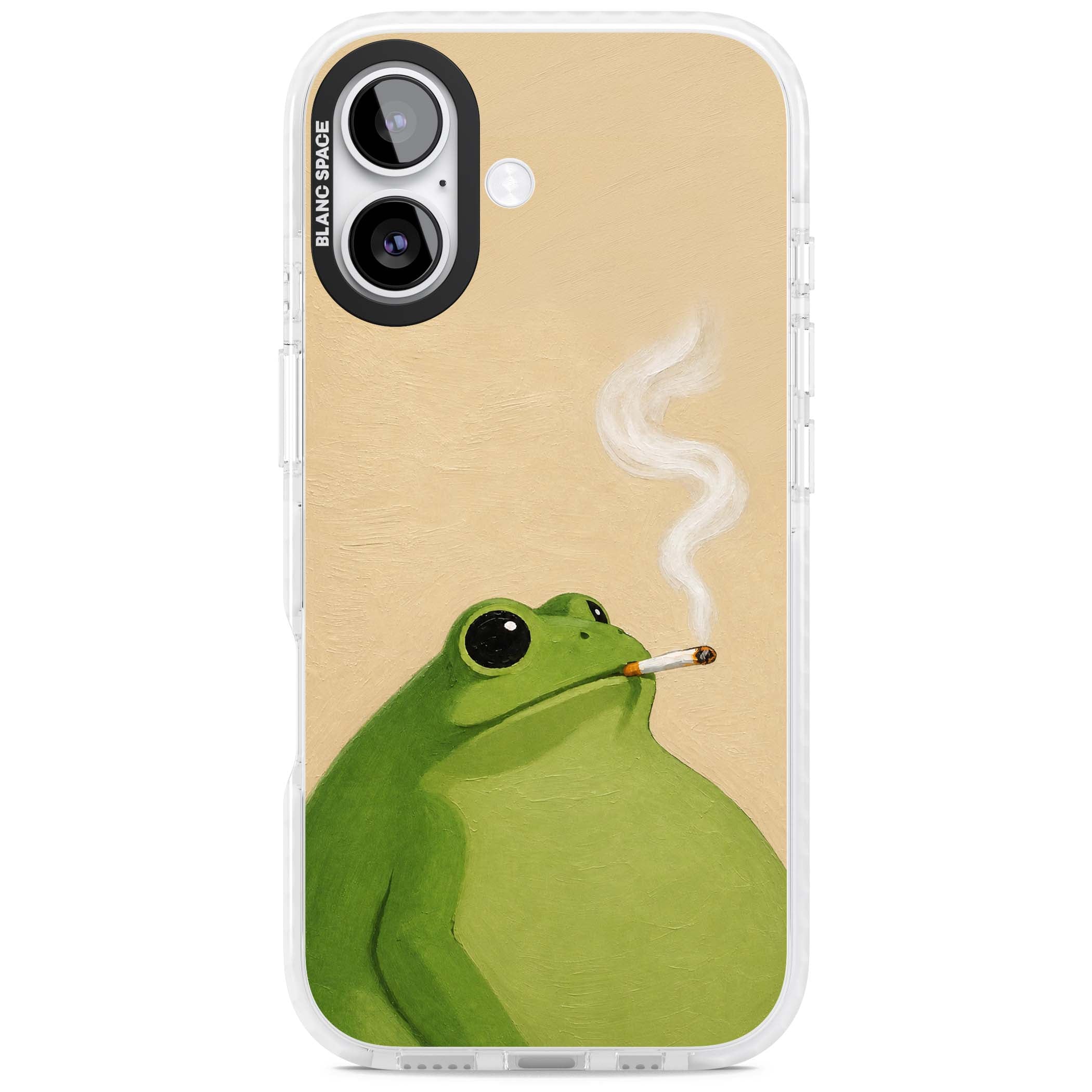 The Smoking Frog cottagecore iPhone case featuring a hand-painted green frog smoking a cigarette on a cream oil painting back | Impact Magsafe case for iPhone 17