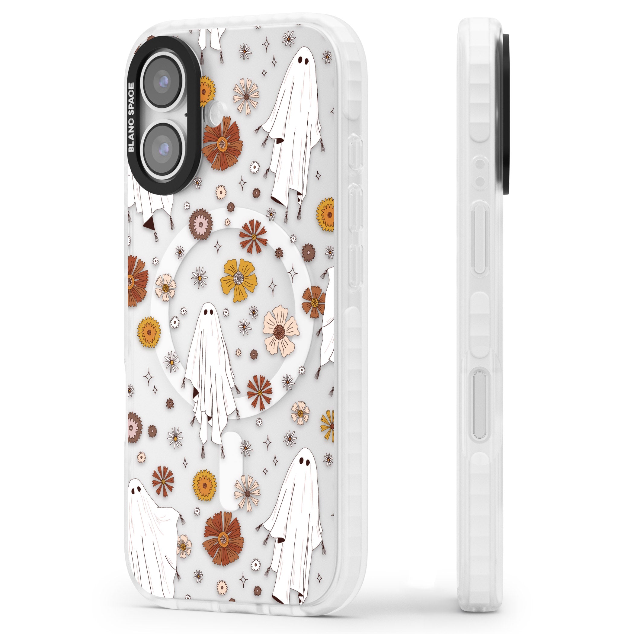 Halloween Ghosts And Flowers iPhone 17 Impact Pro Clear Phone Case Side Profile