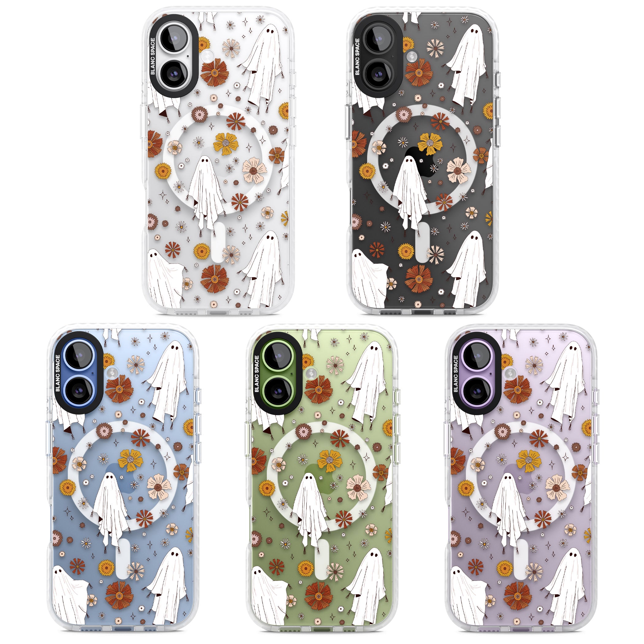 Halloween Ghosts And Flowers iPhone 17 Impact Pro Clear Phone Case APT Impact Protection