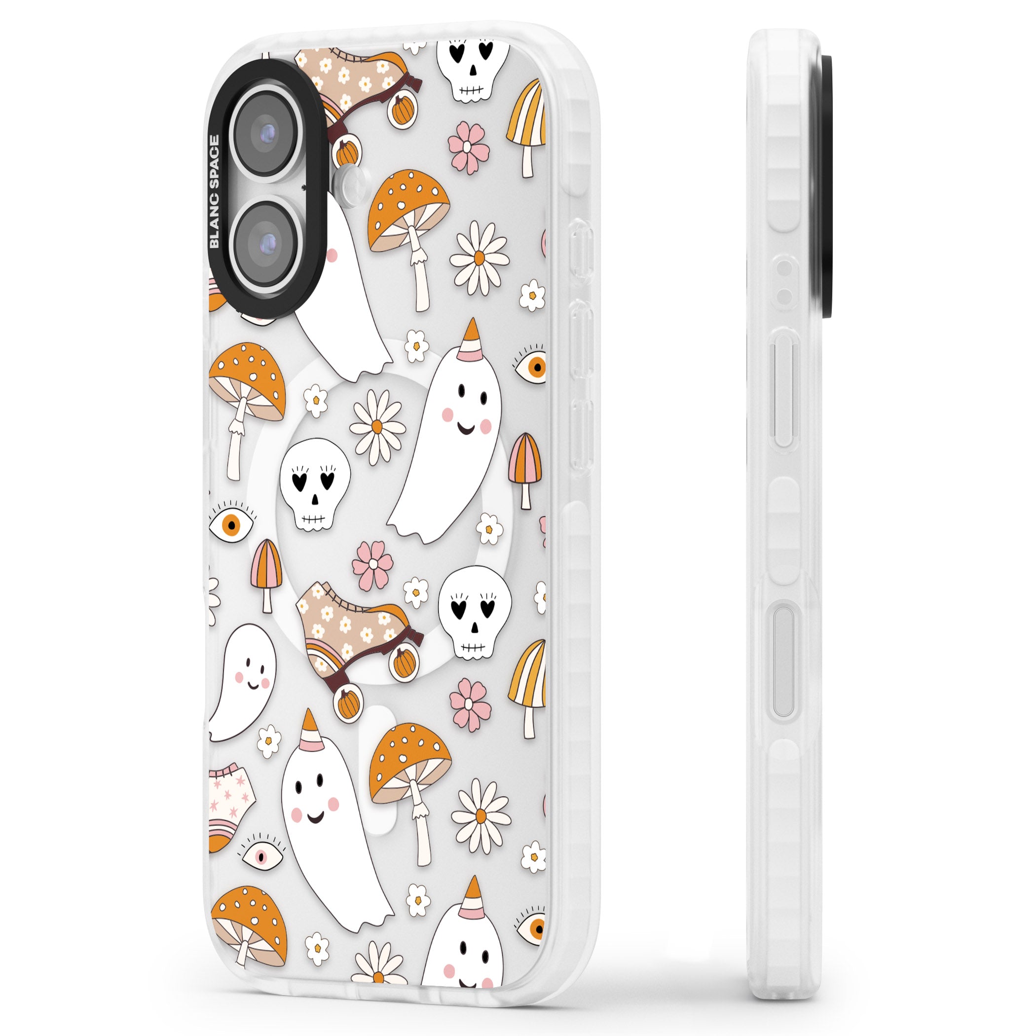 Cute Ghost And Skulls Pattern iPhone 17 Impact Pro Clear Phone Case Side Profile