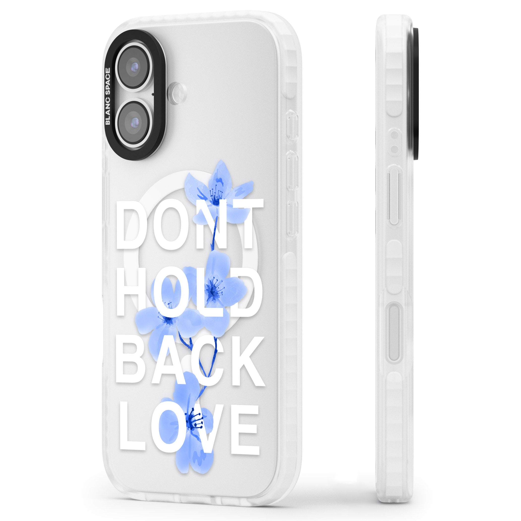 Don'T Hold Back Love Blue & White iPhone 17 Impact Pro Clear Phone Case Side Profile