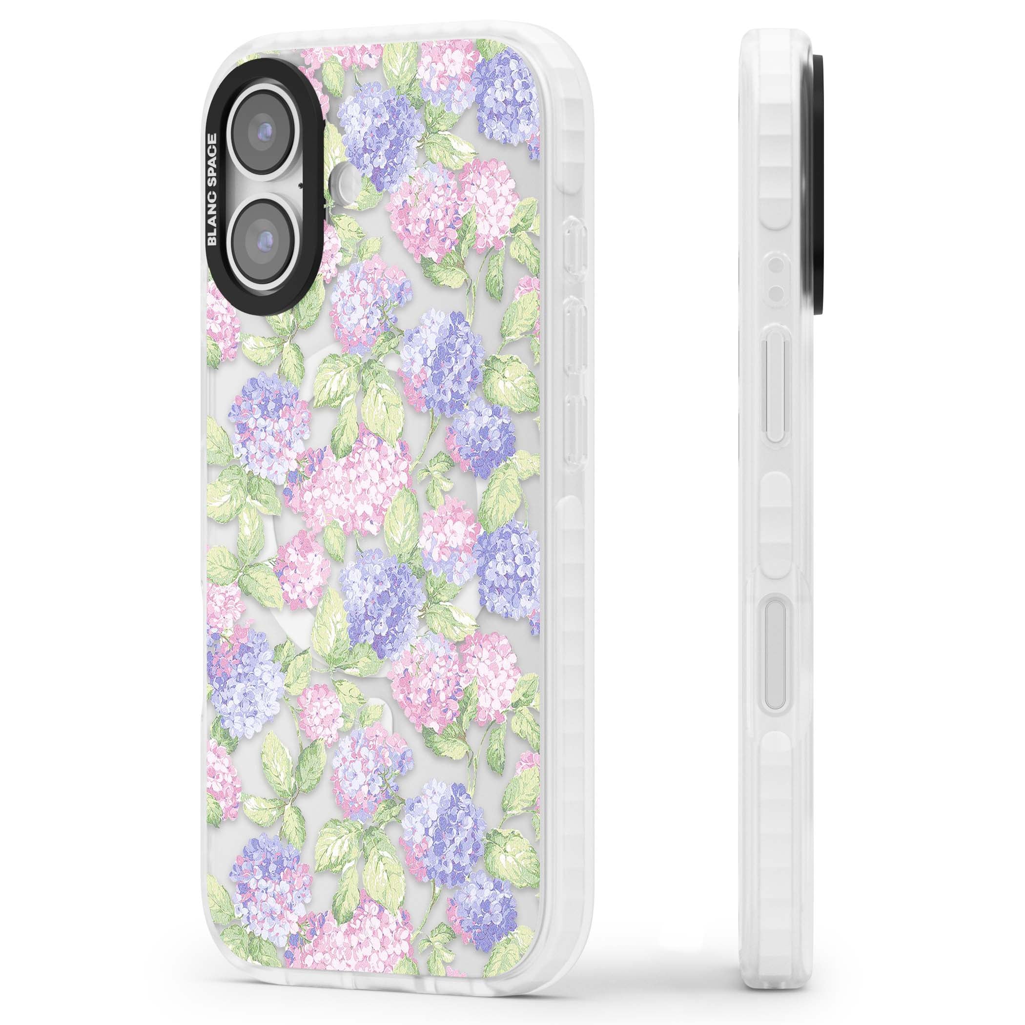 Cottage Hydrangea cottagecore iPhone case featuring pink and purple hydrangea blooms with green leaves on a clear background | Impact Magsafe case for iPhone 17