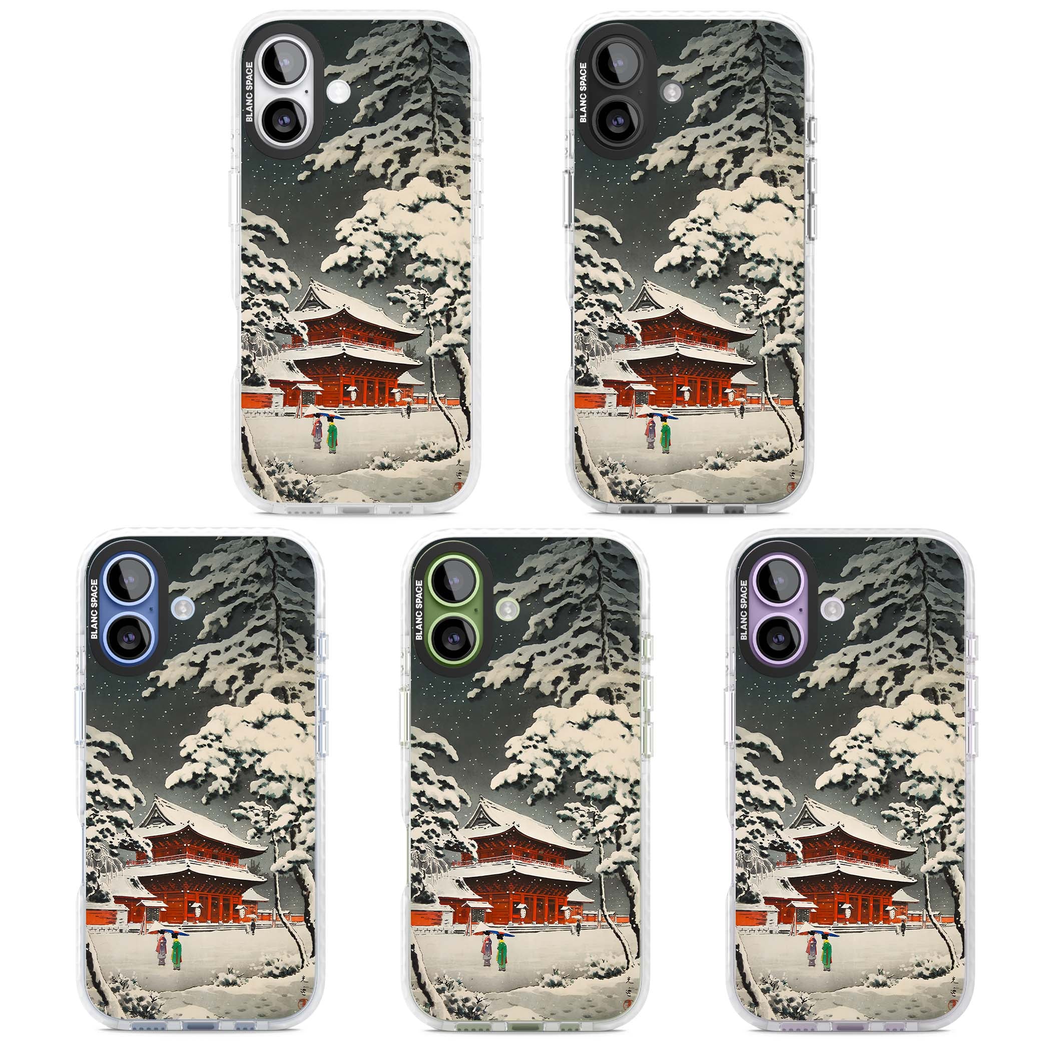 Snow at Shiha Park, Tokyo Japanese art iPhone case featuring a vintage ukiyo-e snowy temple, red pagoda, and snow-covered pin | Impact Magsafe case for iPhone 17