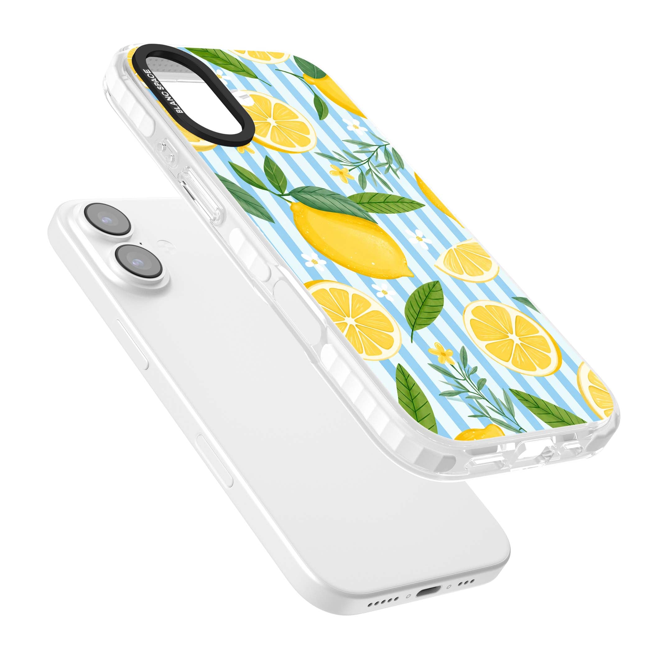 Capri Citrus Stripe coastal iPhone case featuring yellow lemons, blue stripes, and white daisy blossoms | Impact Magsafe case for iPhone 17