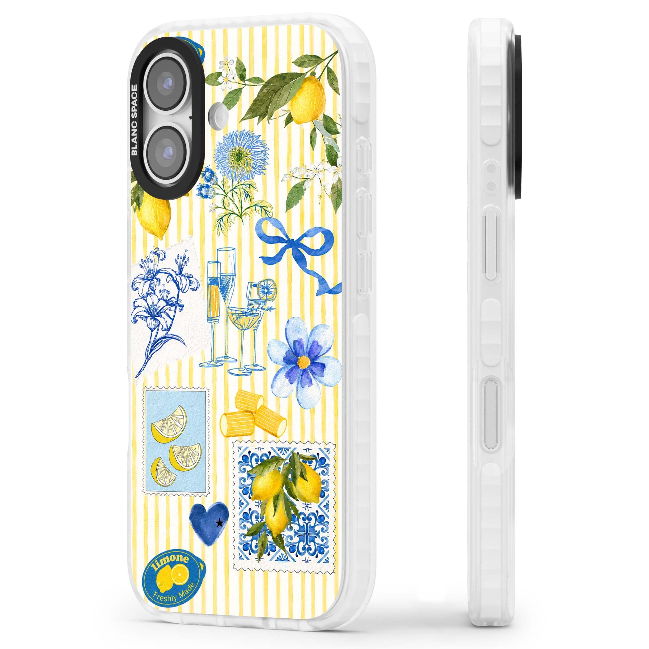 Limone Riviera Italian summer iPhone case featuring watercolour lemons, blue ribbon bows and majolica tile stamps on... | Impact Magsafe case for iPhone 17