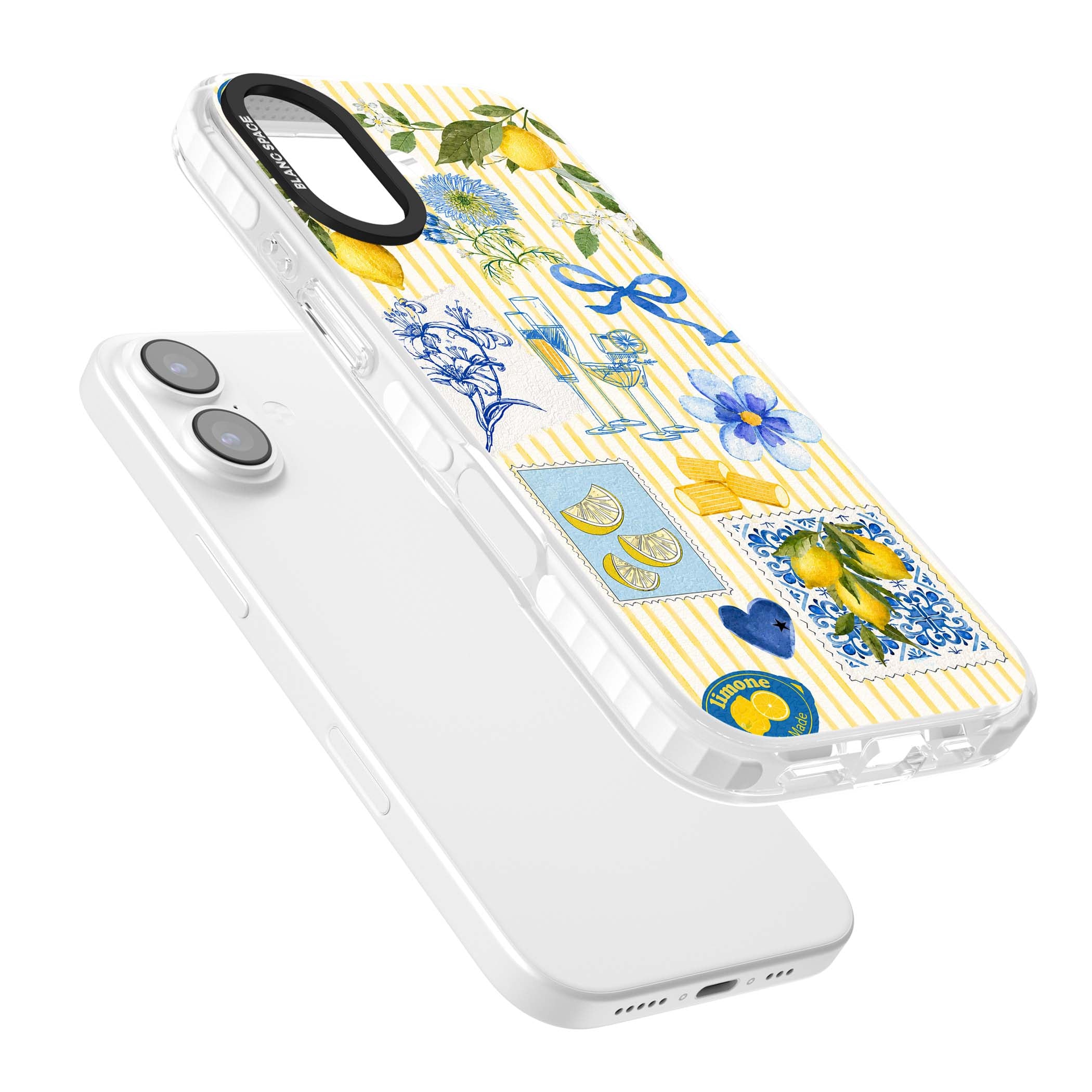 Limone Riviera Italian summer iPhone case featuring watercolour lemons, blue ribbon bows and majolica tile stamps on... | Impact Magsafe case for iPhone 17