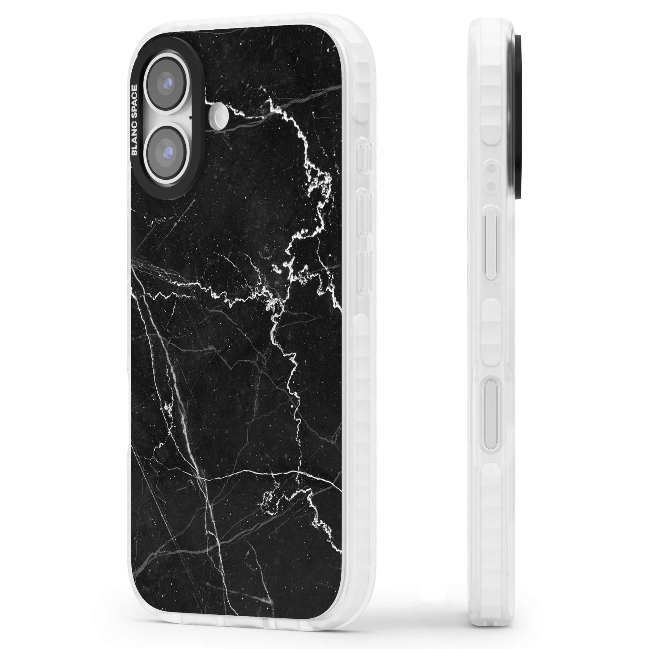 Bold Black Marble With White Texture iPhone 17 Impact Pro Clear Phone Case Side Profile