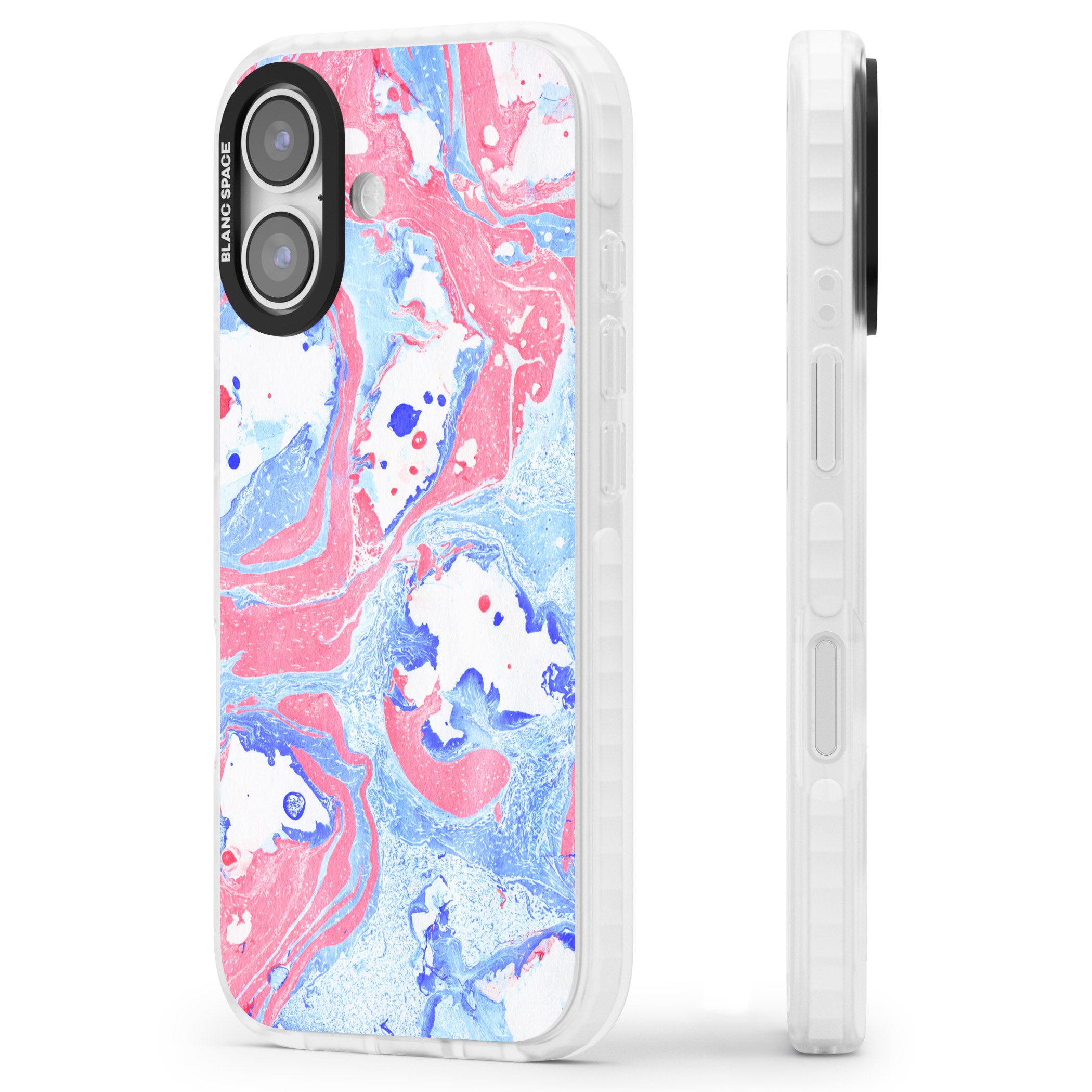 Pink, Blue & White Marbled Paper Pattern iPhone 17 Impact Pro Clear Phone Case Side Profile