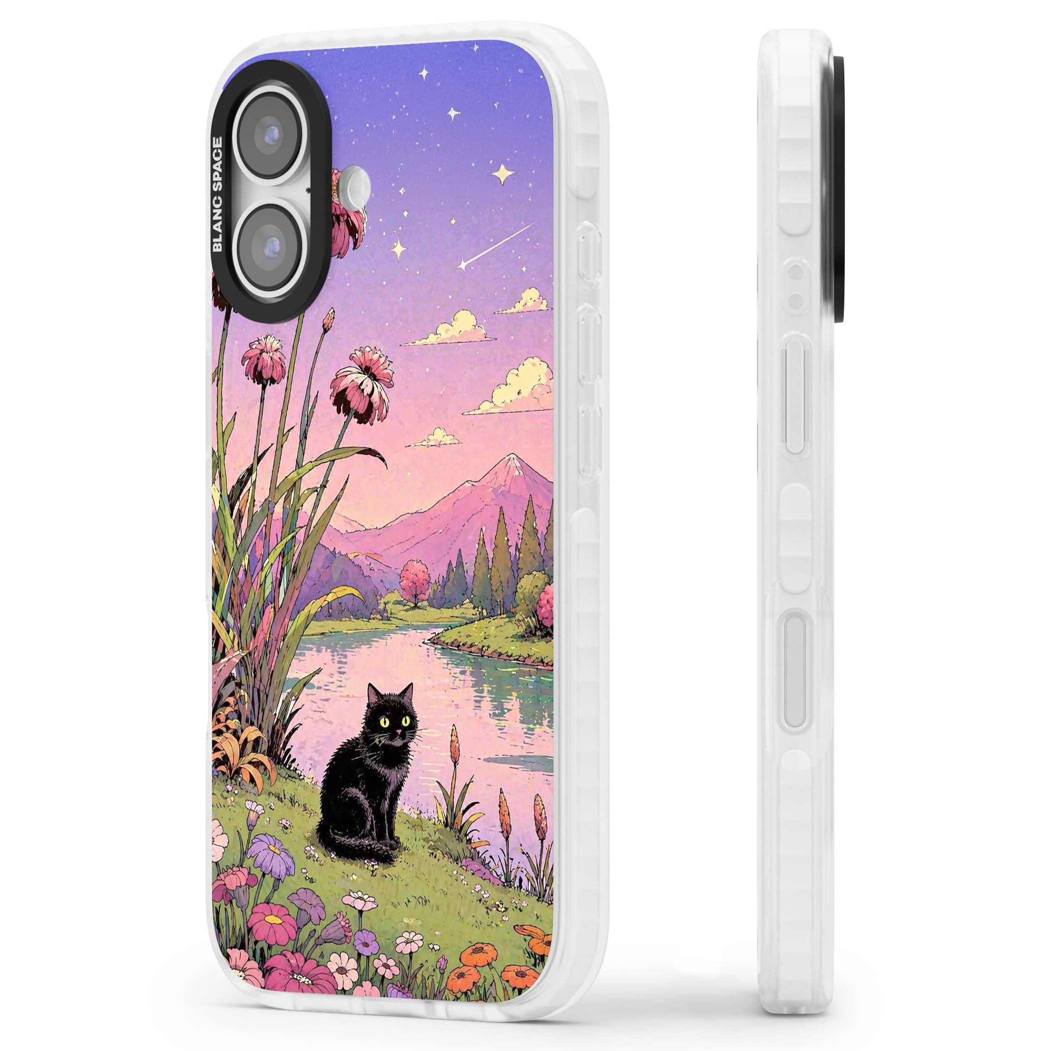 Mystic Whiskers ghibli iPhone case featuring a black cat by a pastel lake, wildflowers and a starry sunset sky | Impact Magsafe case for iPhone 17