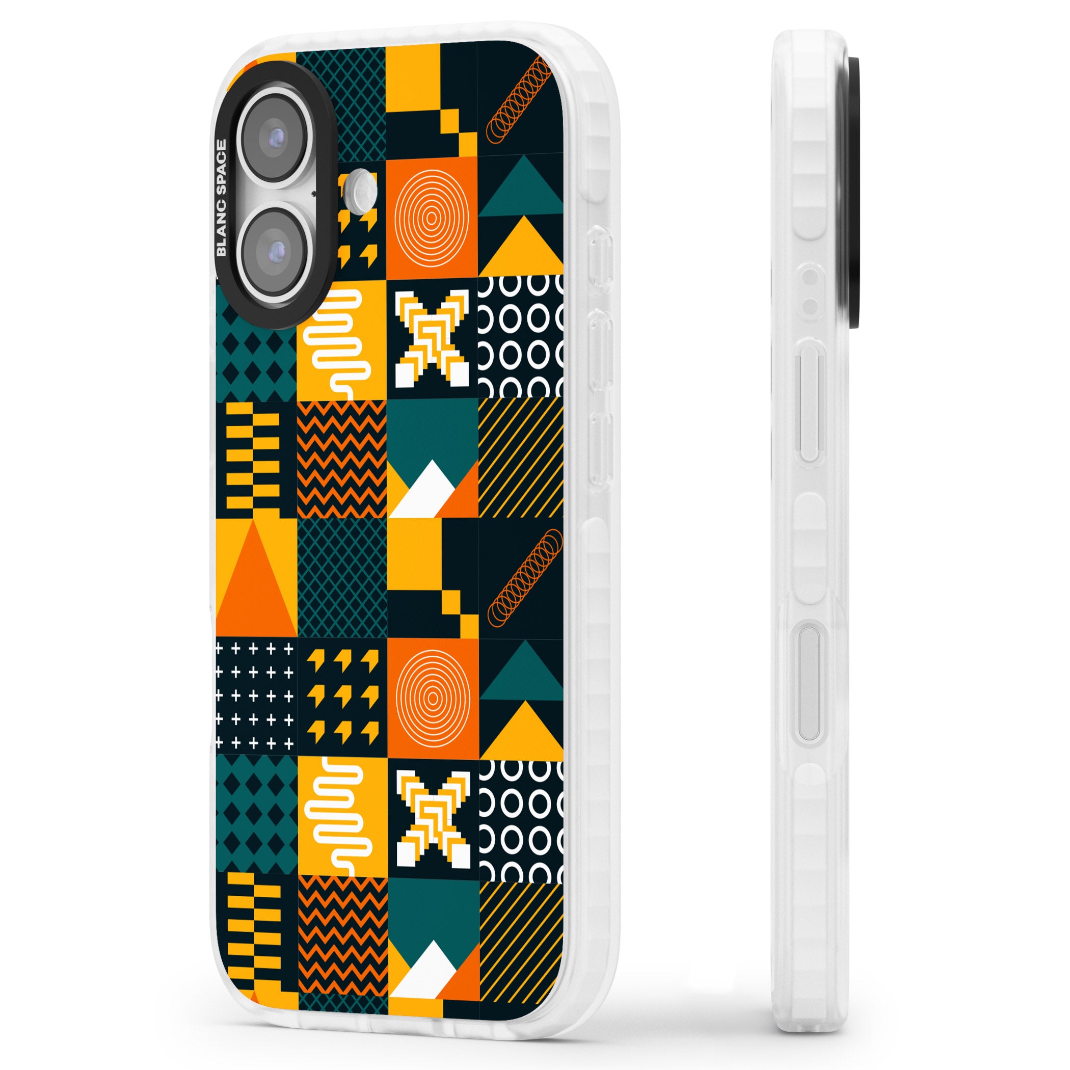Funky Geometric Patterns: Orange & Dark Green iPhone 17 Impact Pro Clear Phone Case Side Profile