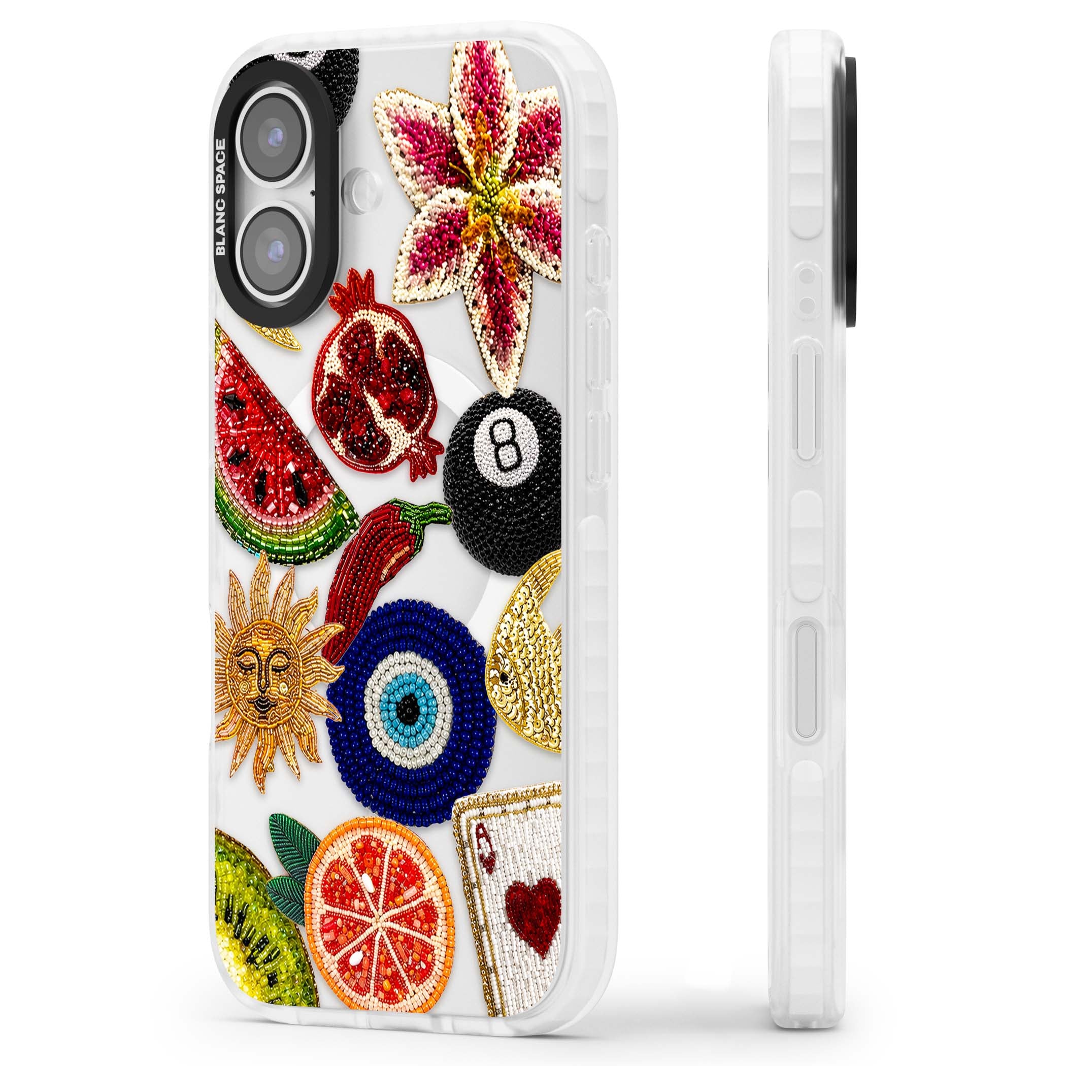 Beaded Charms embroidery iPhone case featuring beaded evil eye, fruit patches and a golden sun motif | Impact Magsafe case for iPhone 17