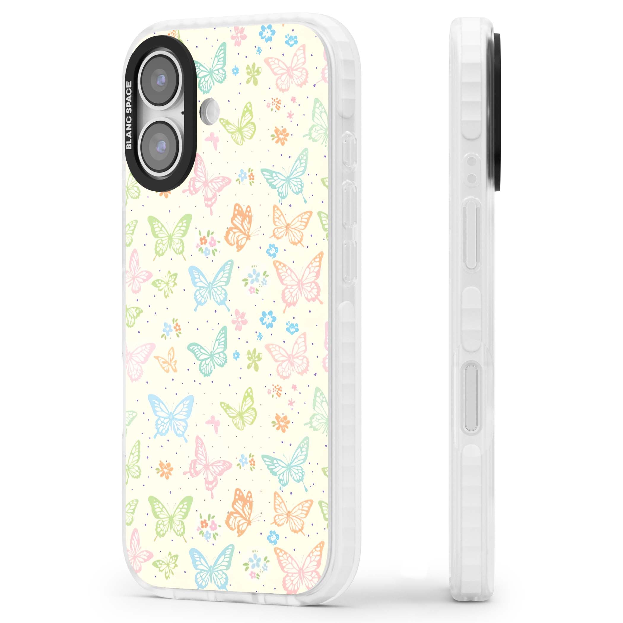 Sugar Wings cottagecore iPhone case featuring rainbow pastel butterflies, tiny wildflowers, and a cream background | Impact Magsafe case for iPhone 17