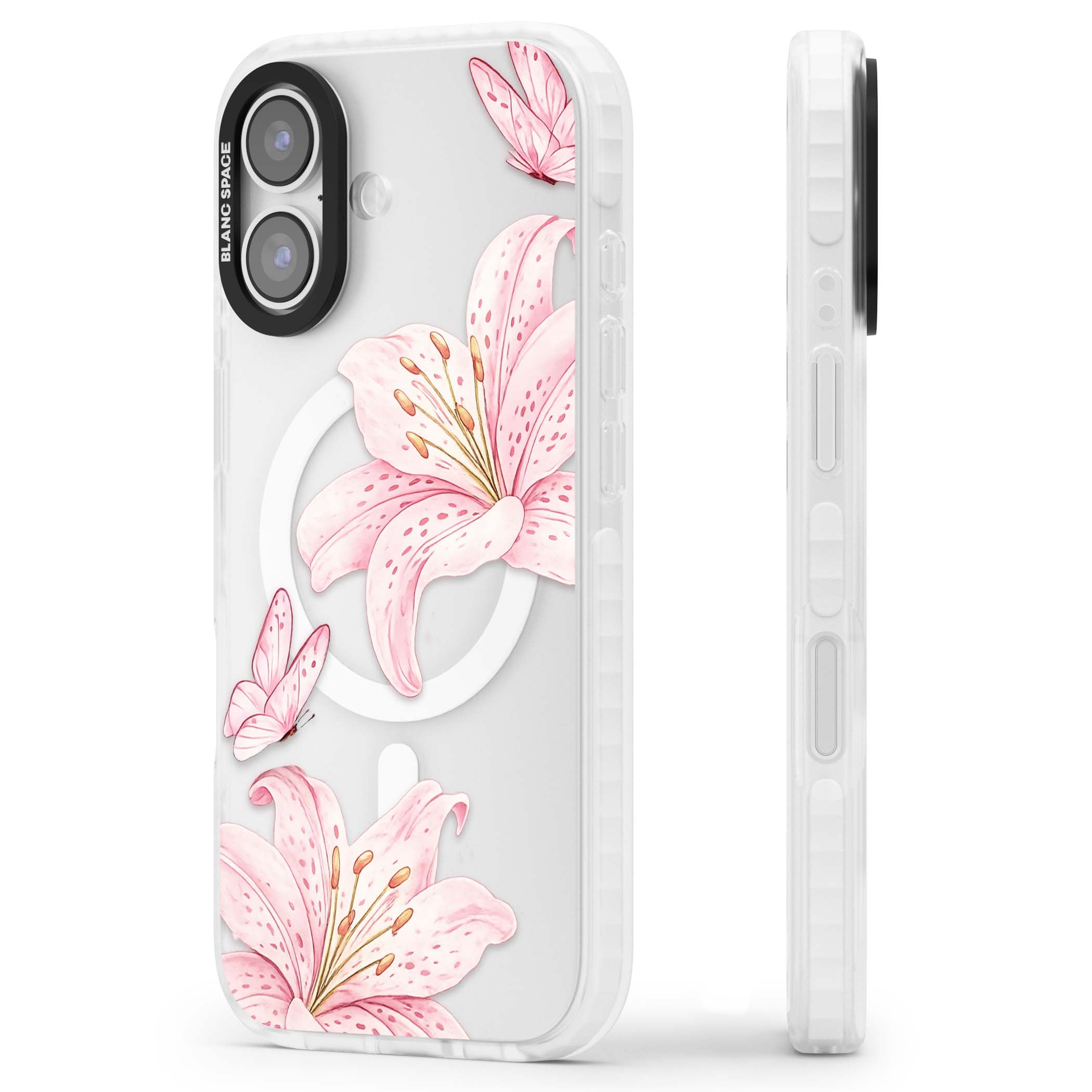 Lily Whisper floral iPhone case featuring pink watercolour lilies and delicate butterflies on a clear background | Impact Magsafe case for iPhone 17