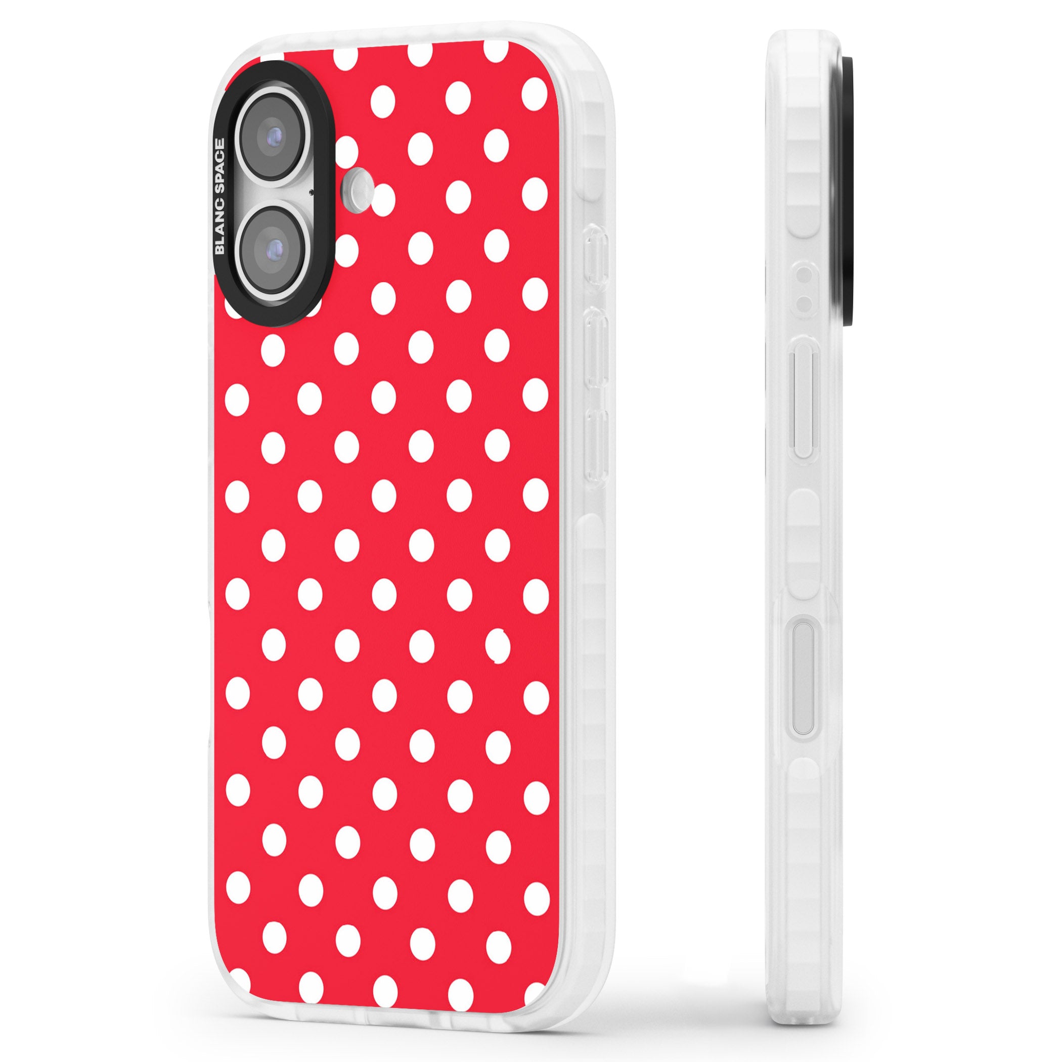 Designer Lava Red Polka Dot iPhone 17 Impact Pro Clear Phone Case Side Profile