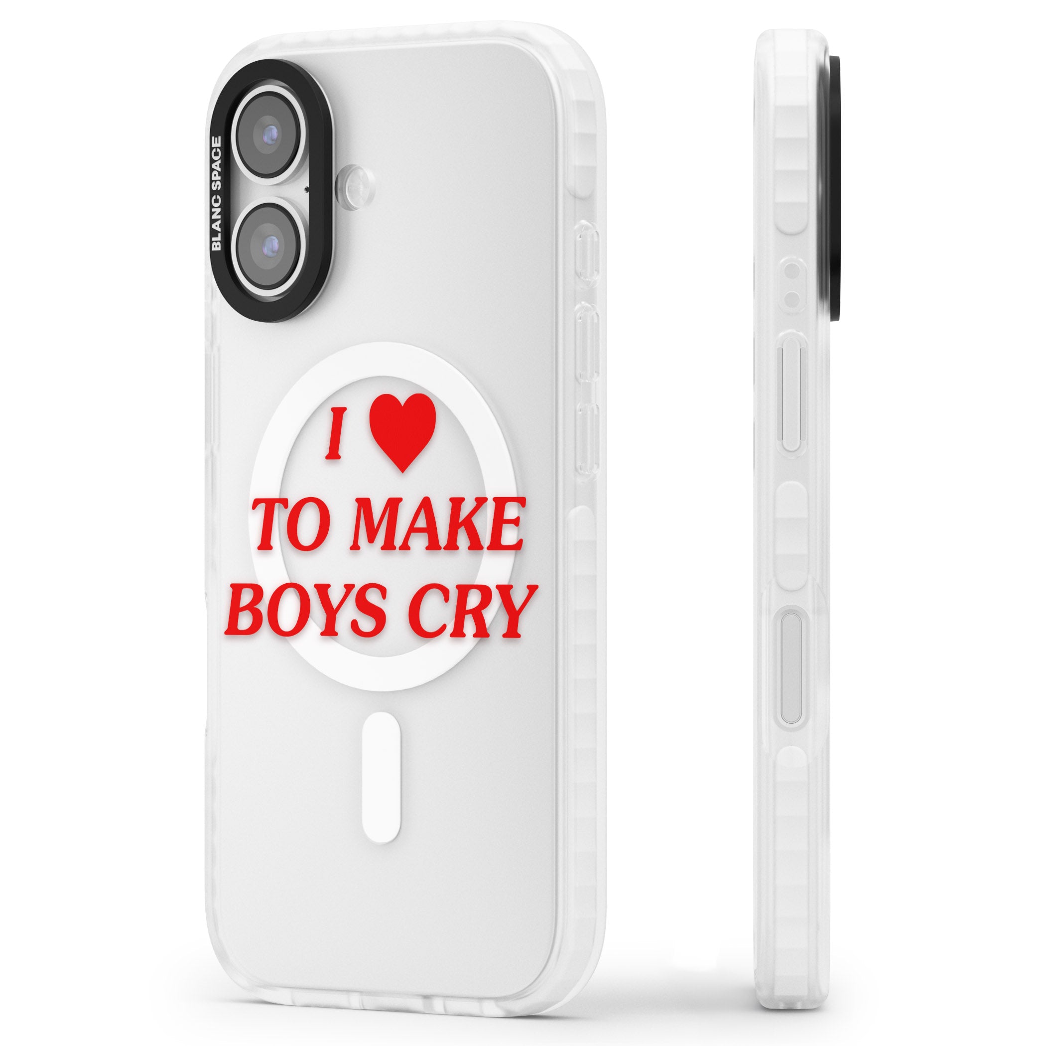 I Love To Make Boys Cry iPhone 17 Impact Pro Clear Phone Case Side Profile