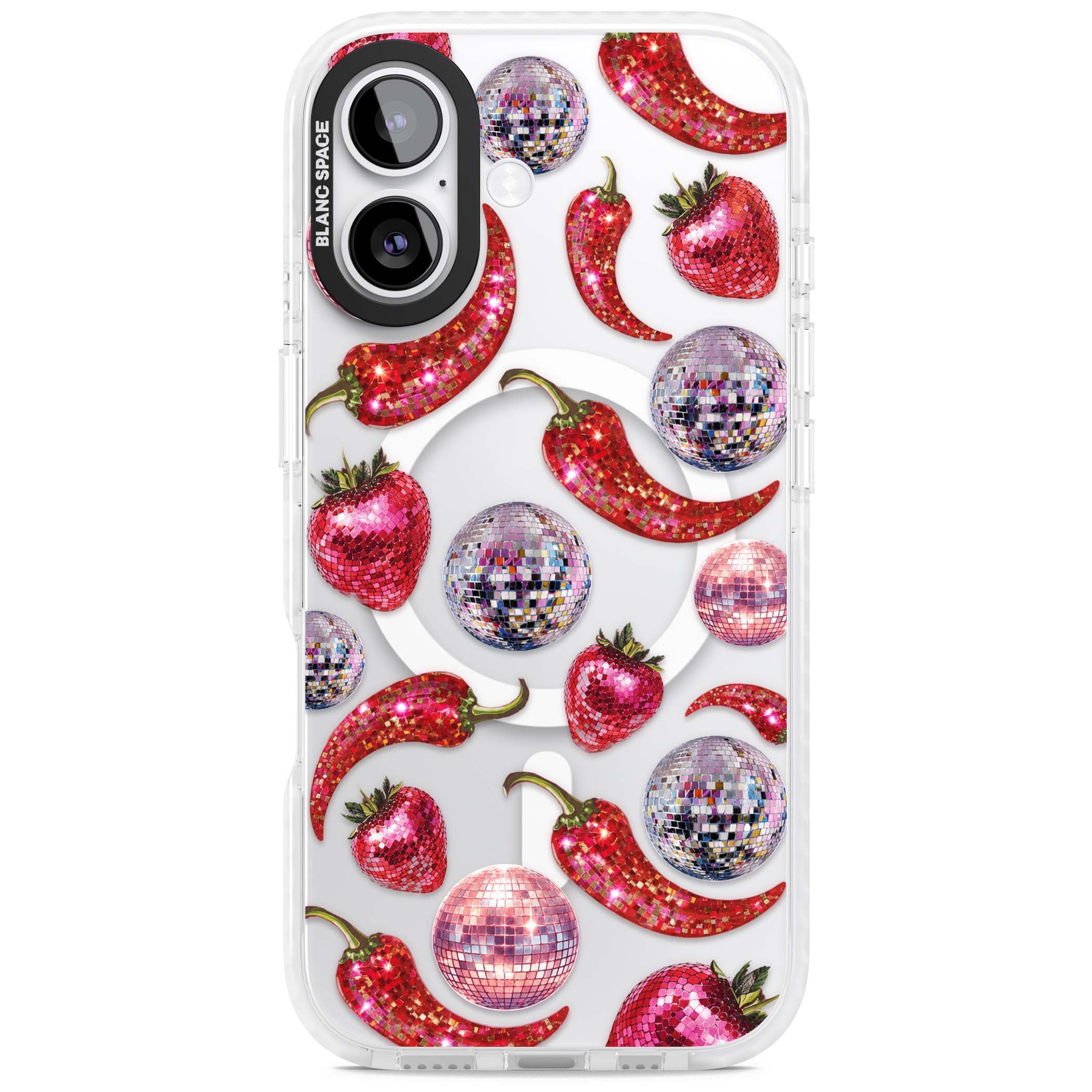 Spicy Disco Y2K iPhone case featuring glitter disco balls, sparkly strawberries and red chilli peppers | Impact Magsafe case for iPhone 17