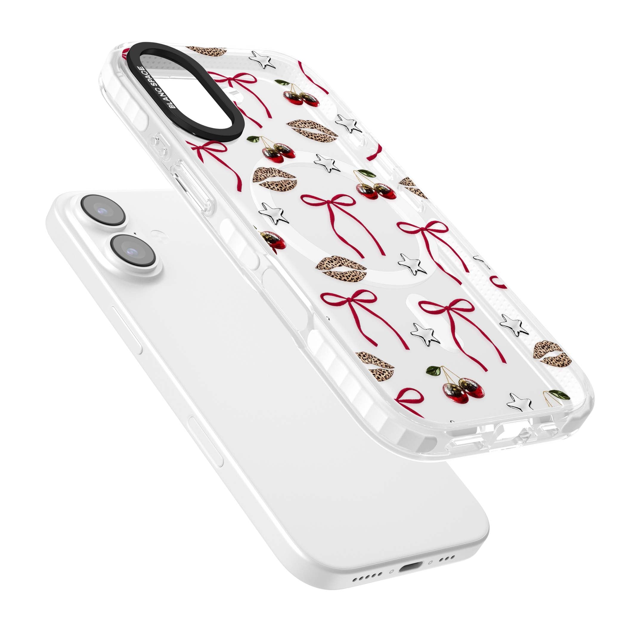 Starlet coquette iPhone case featuring red ribbon bows, disco cherries and leopard-print lips | Impact Magsafe case for iPhone 17
