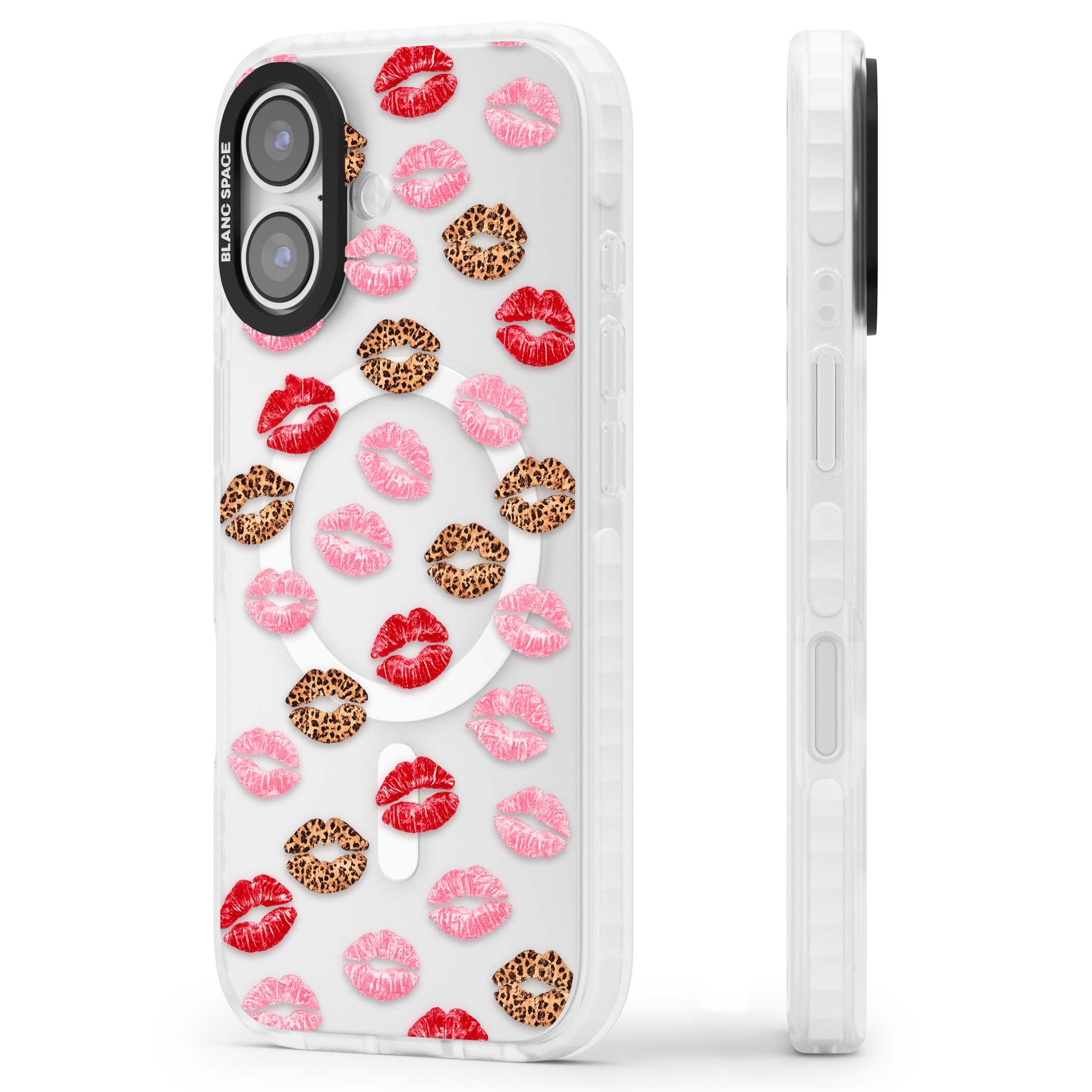Wild Kisses coquette iPhone case featuring red, pink and leopard print lipstick kiss marks on a clear background | Impact Magsafe case for iPhone 17