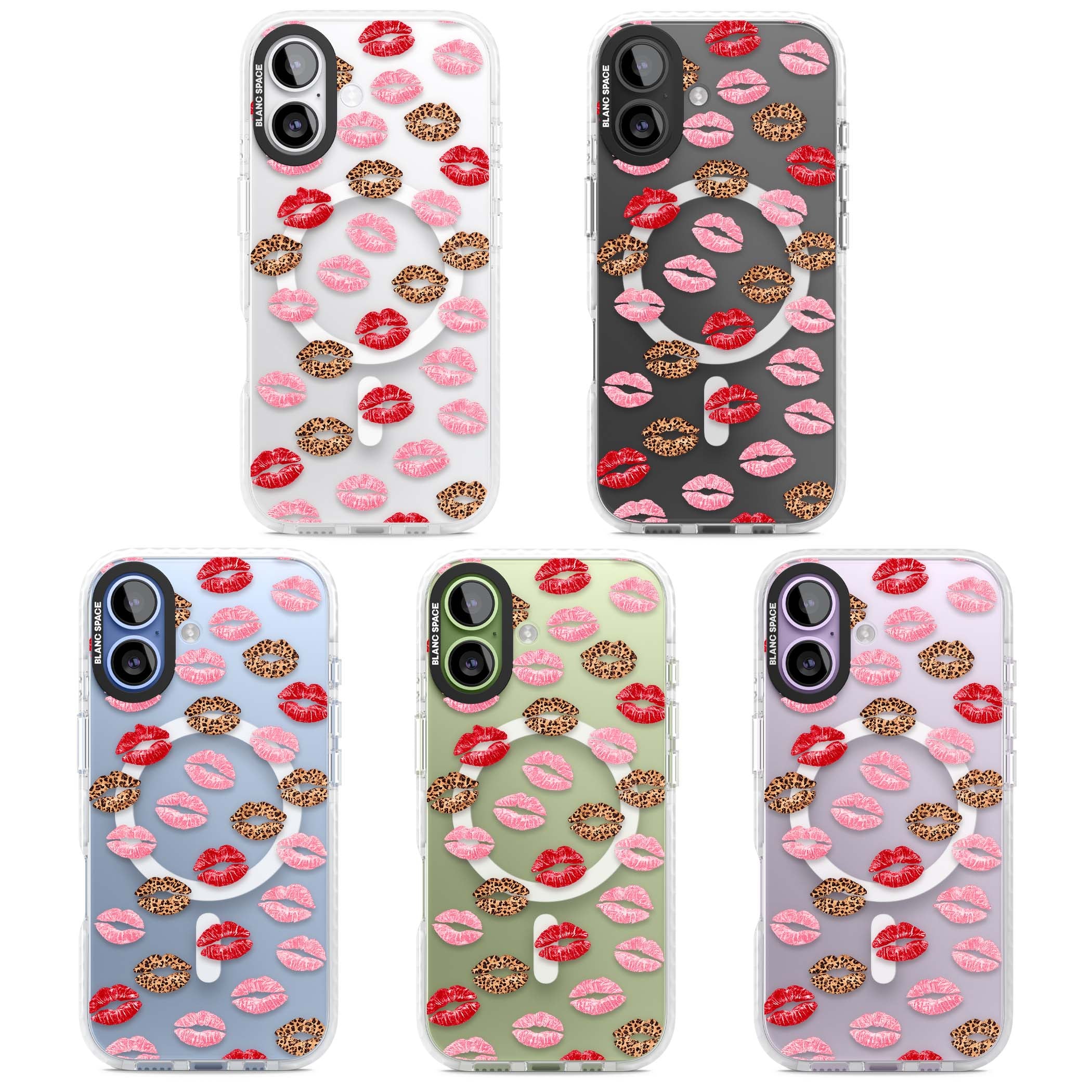 Wild Kisses coquette iPhone case featuring red, pink and leopard print lipstick kiss marks on a clear background | Impact Magsafe case for iPhone 17