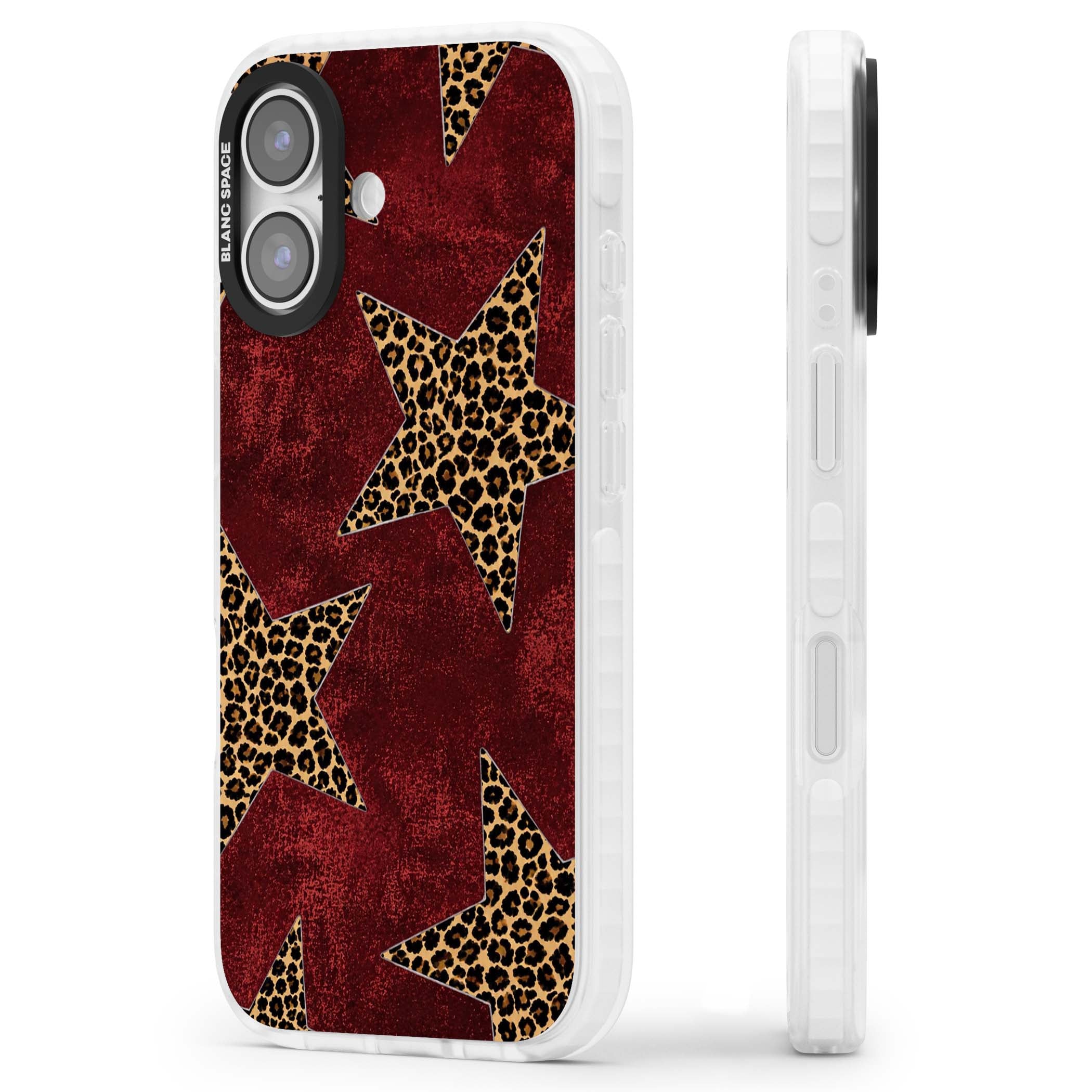 Showgirl leopard print iPhone case featuring cheetah print stars on distressed red grunge background | Impact Magsafe case for iPhone 17