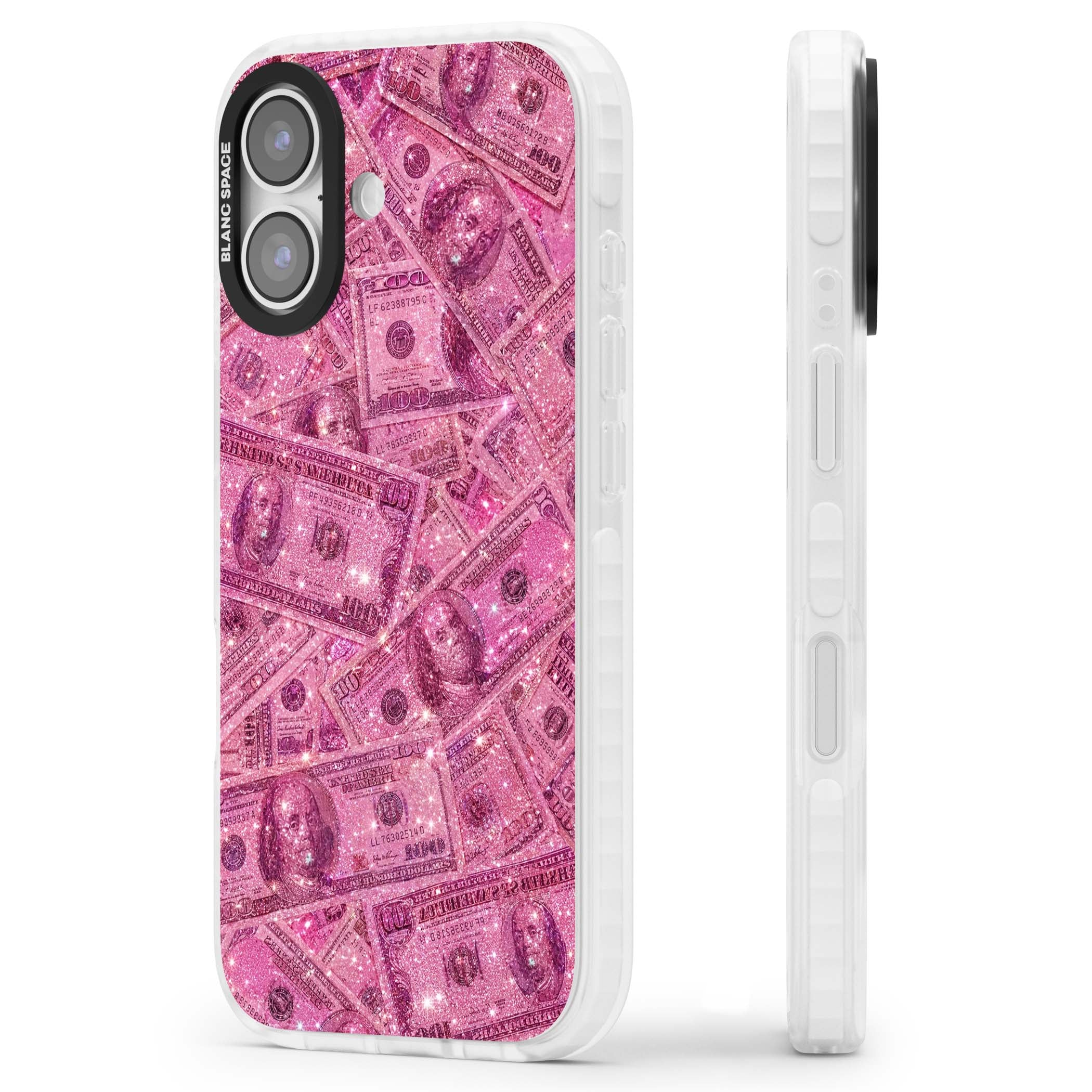 Glamorous baddie iPhone case featuring pink glitter hundred dollar bills and sparkling money wallpaper design | Impact Magsafe case for iPhone 17
