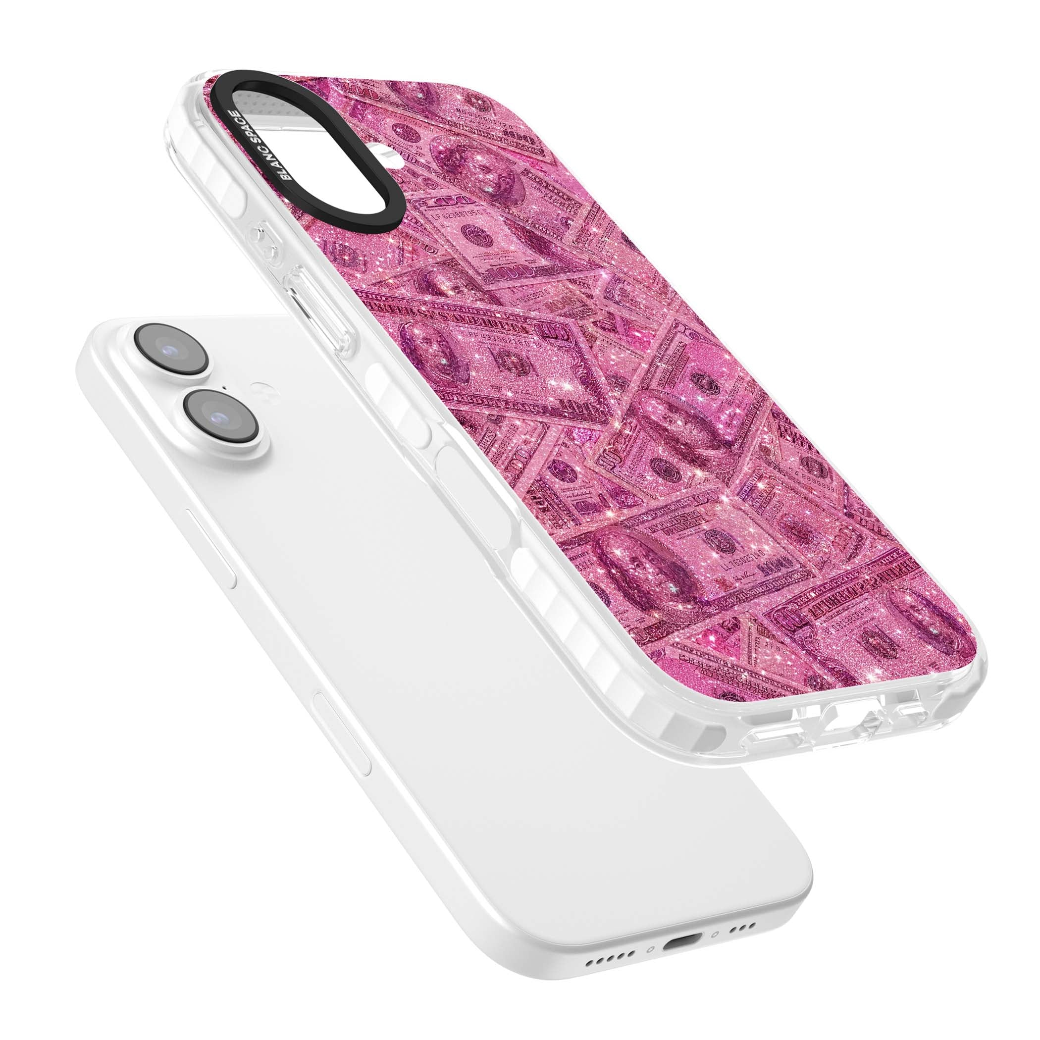 Glamorous baddie iPhone case featuring pink glitter hundred dollar bills and sparkling money wallpaper design | Impact Magsafe case for iPhone 17