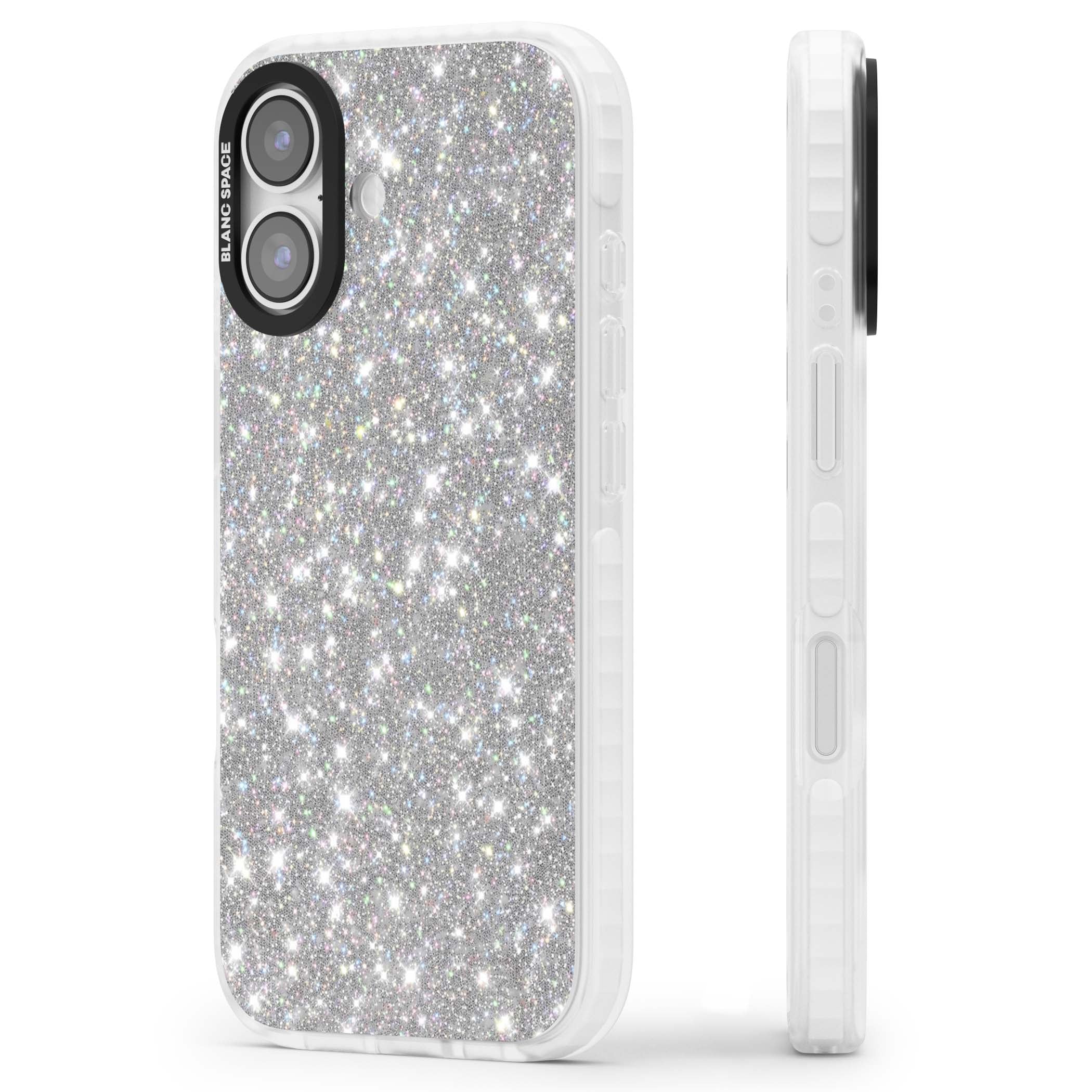 Diamond glam iPhone case featuring silver glitter sparkle and shimmering diamond dust effect | Impact Magsafe case for iPhone 17
