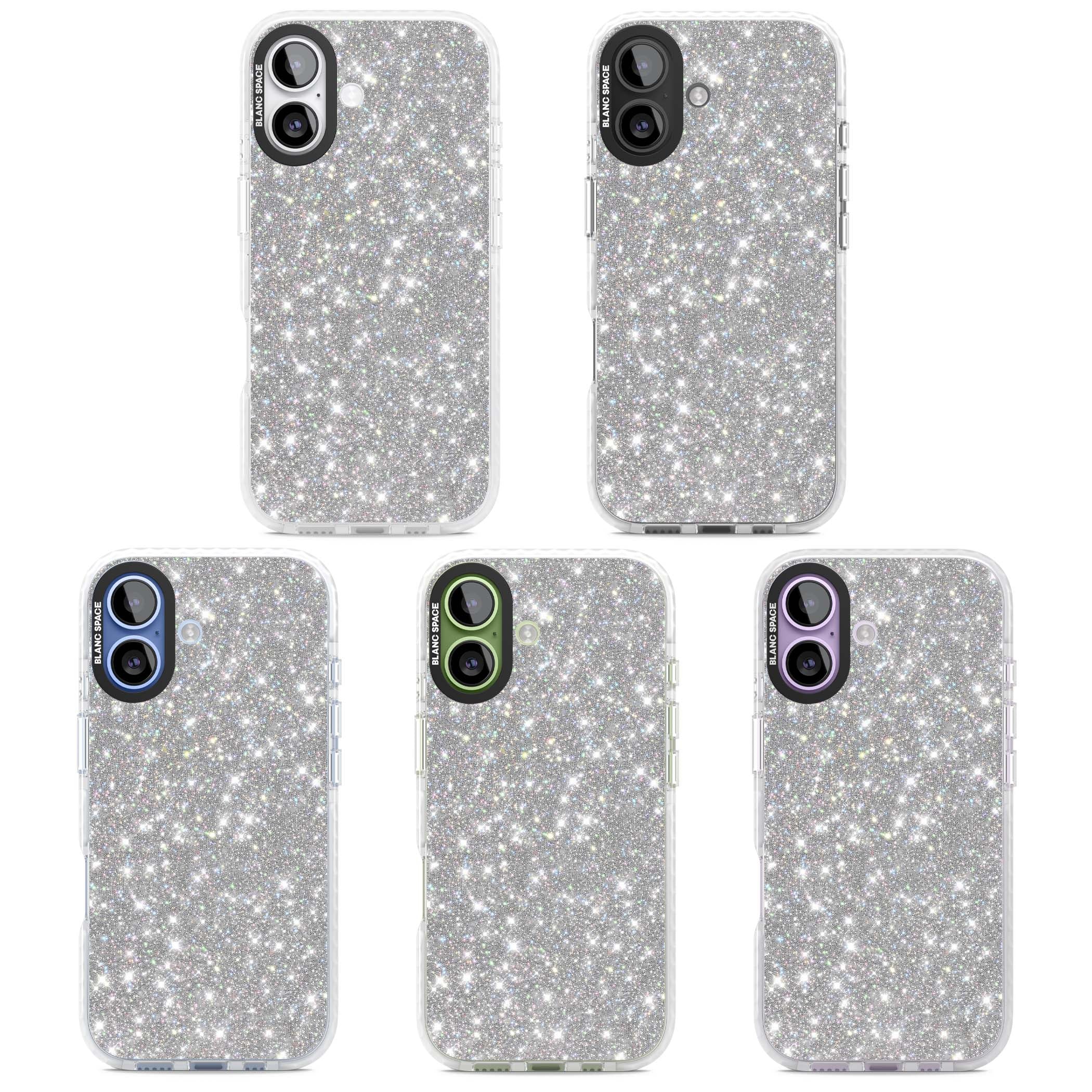 Diamond glam iPhone case featuring silver glitter sparkle and shimmering diamond dust effect | Impact Magsafe case for iPhone 17