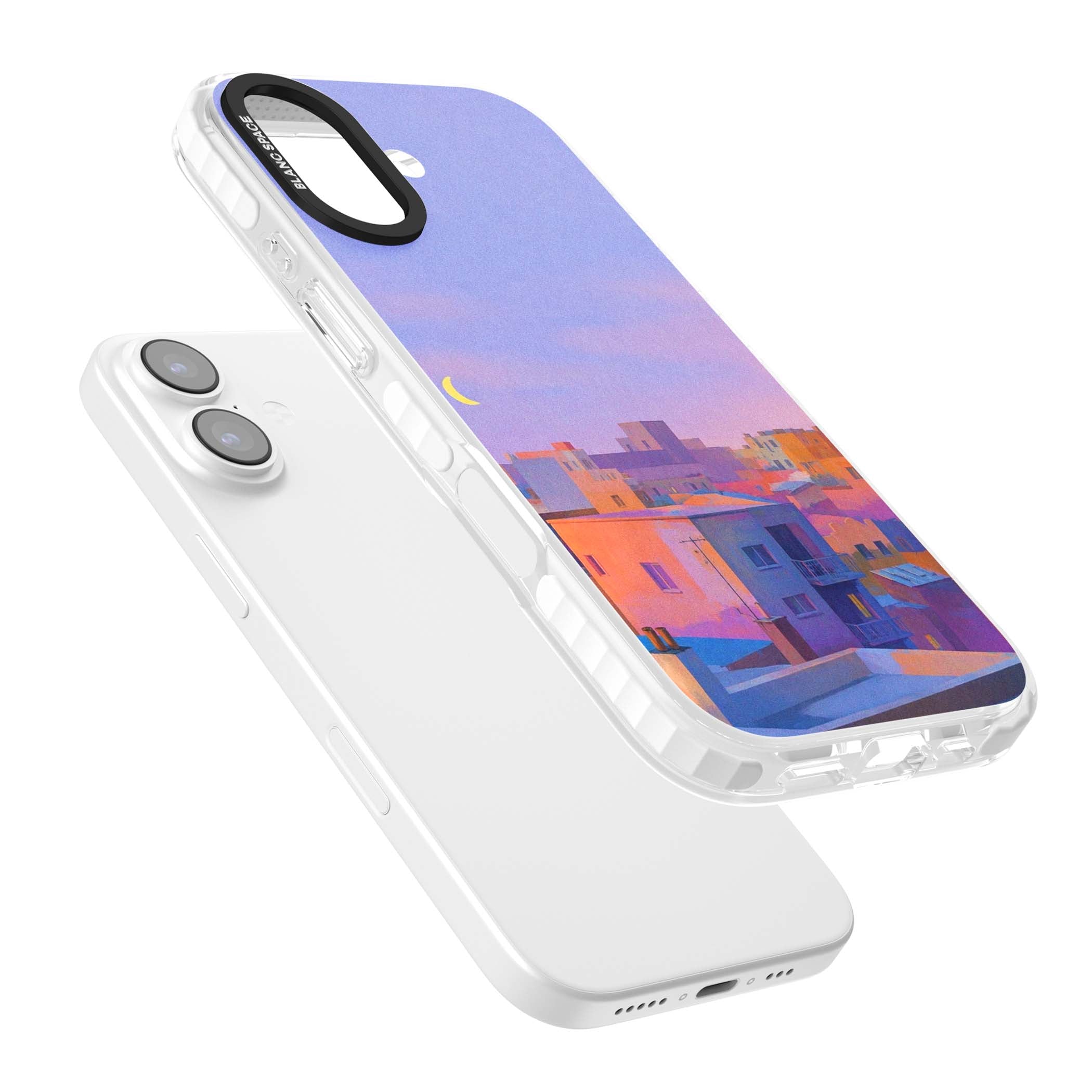 Twilight Rooftops vaporwave iPhone case featuring a pastel sunset cityscape, painted rooftops and a crescent moon. | Impact Magsafe case for iPhone 17