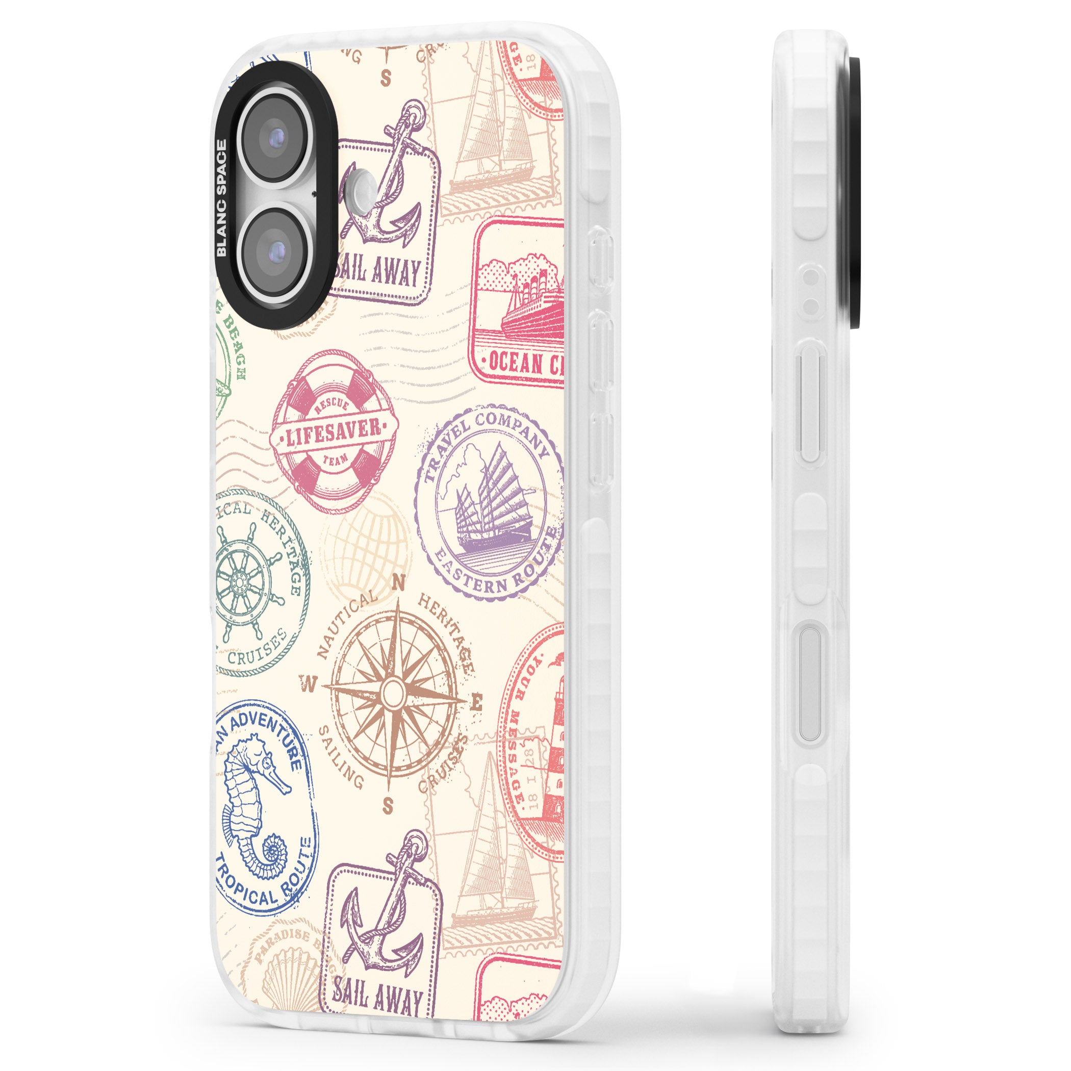 Nautical Stamps iPhone 17 Impact Pro Clear Phone Case Side Profile