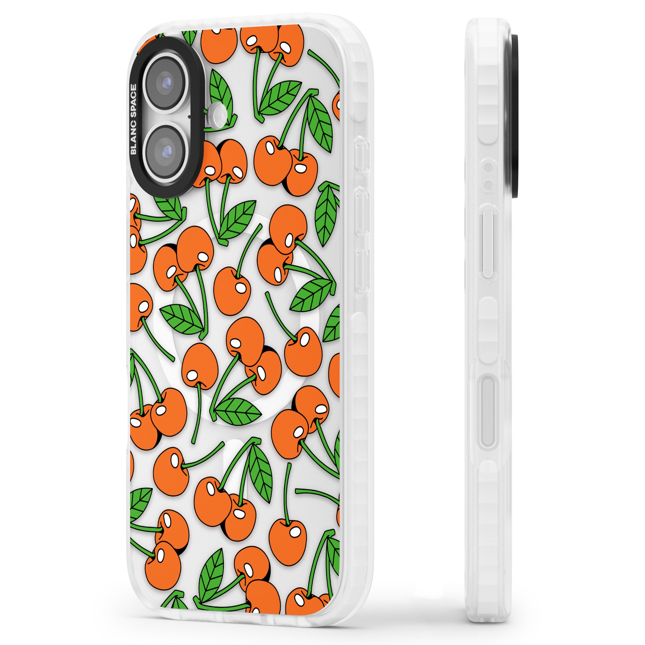 Orchard Fresh Cherries iPhone 17 Impact Pro Clear Phone Case Side Profile