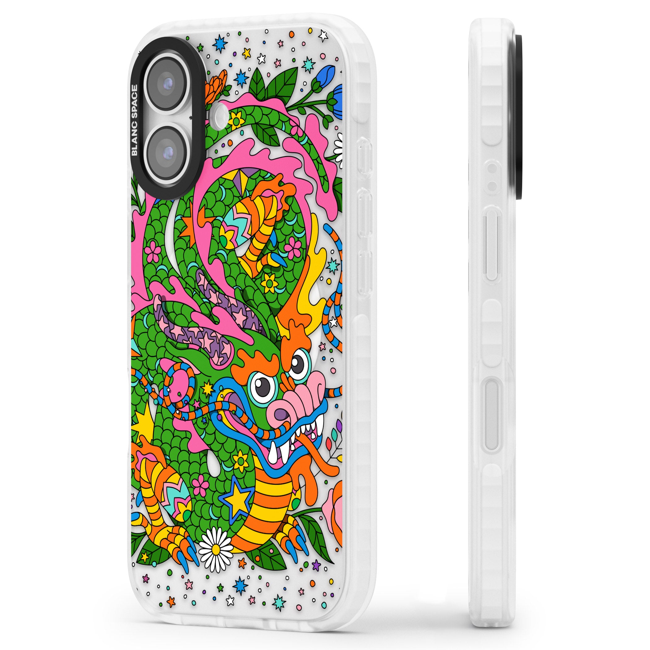 Psychedelic Jungle Dragon iPhone 17 Impact Pro Clear Phone Case Side Profile