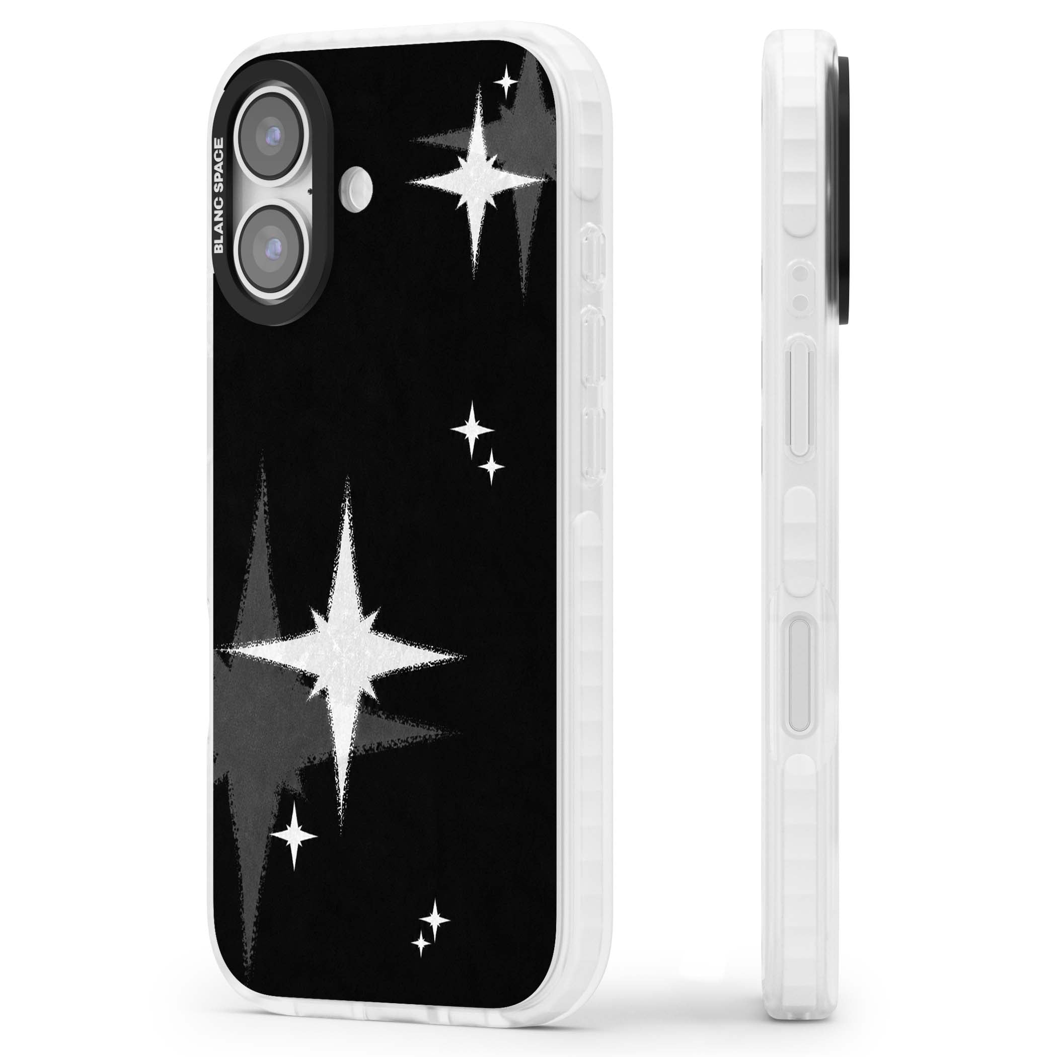 Black Sparkle celestial iPhone case featuring white sparkle stars on a black night sky background | Impact Magsafe case for iPhone 17