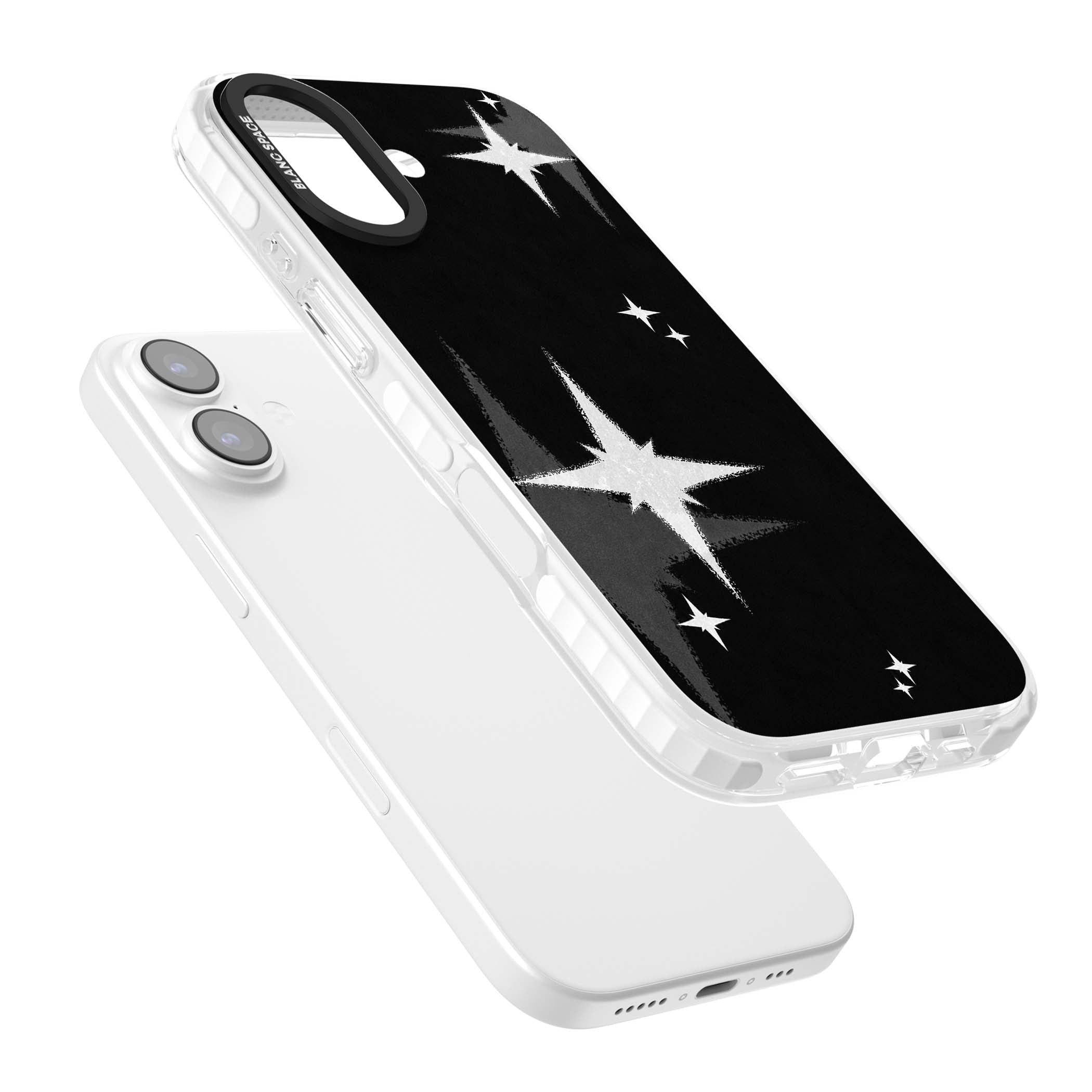 Black Sparkle celestial iPhone case featuring white sparkle stars on a black night sky background | Impact Magsafe case for iPhone 17