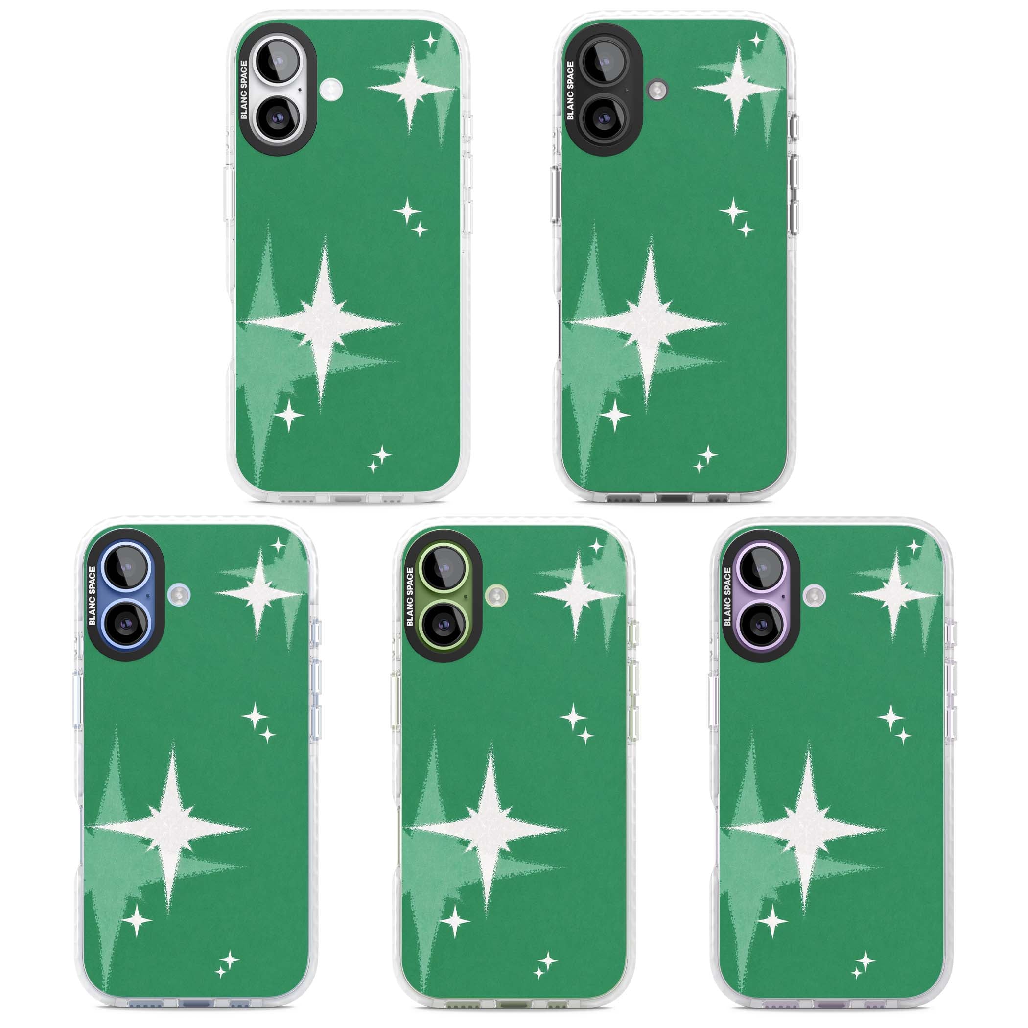 Green Sparkle celestial iPhone case featuring sparkling white four-point stars on a deep green background | Impact Magsafe case for iPhone 17