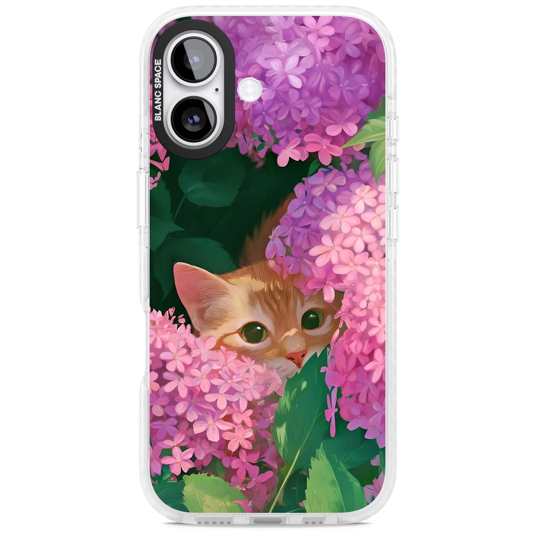 Cat In Pink Flowers cottagecore iPhone case featuring a ginger kitten peeking through lilac and pink hydrangea flo | Impact Magsafe case for iPhone 17